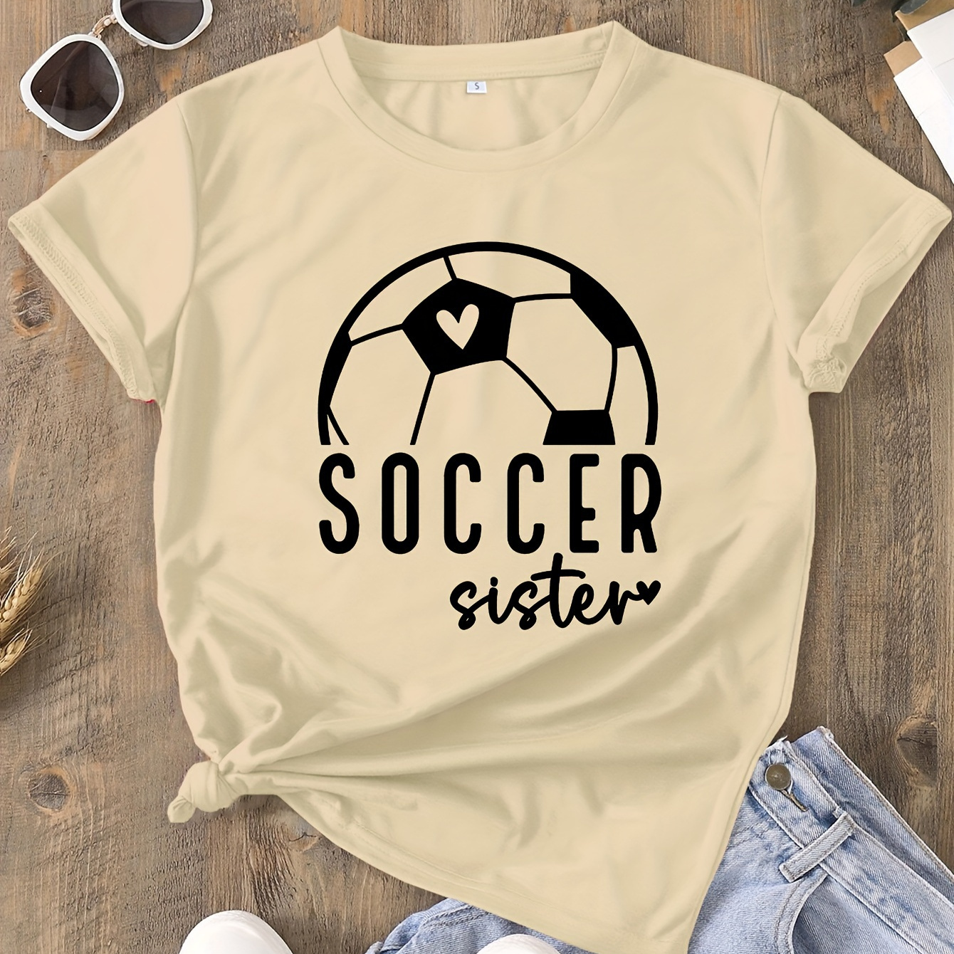 

Soccer Print T-shirt, Short Sleeve Crew Neck Casual Top For Summer & Spring, Women's Clothing