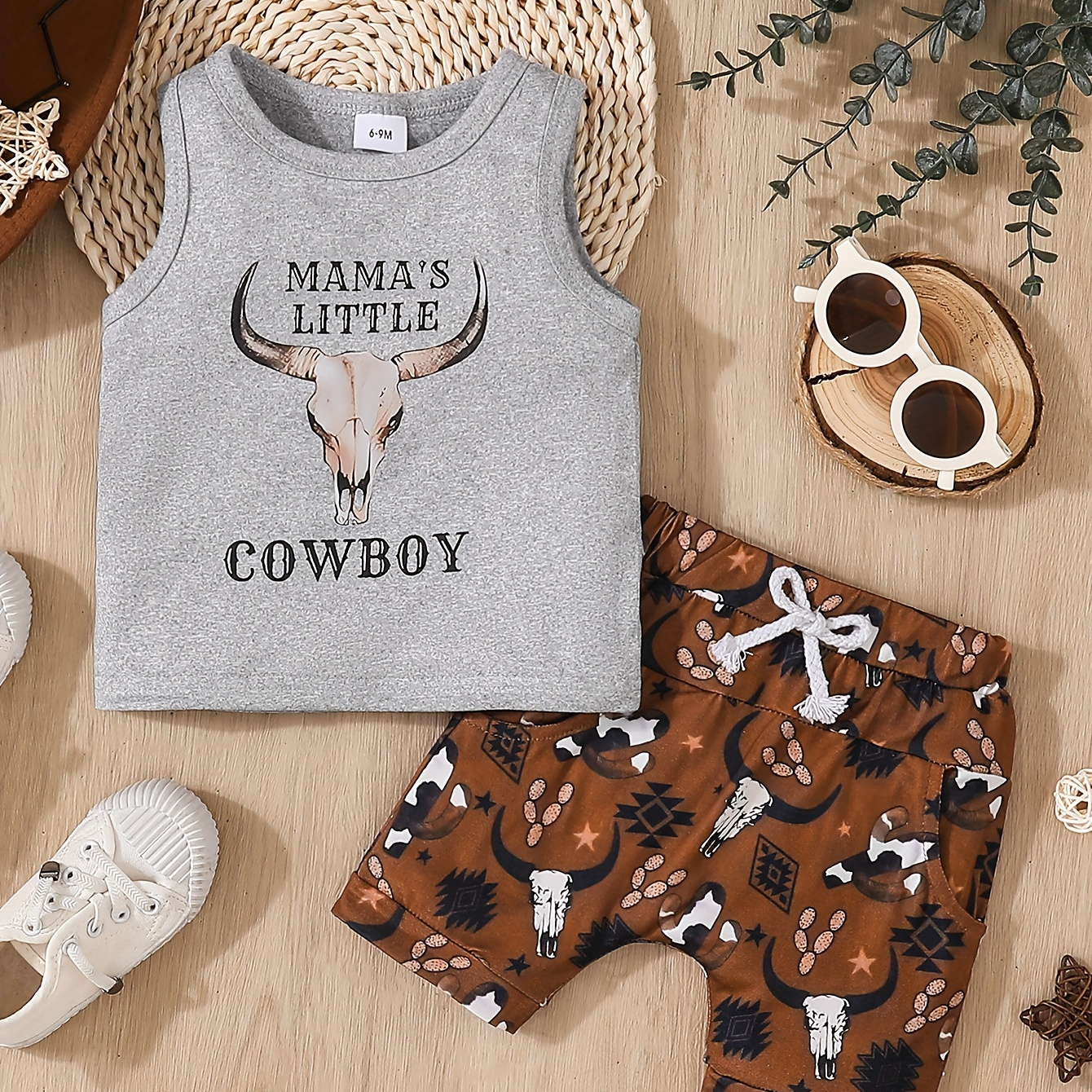 

2pcs Infant & Toddler's "mama's Little Cowboy" Print Summer Outfit, Tank Top & Cartoon Bull Skull All-over Print Shorts, Baby Boy's Clothes