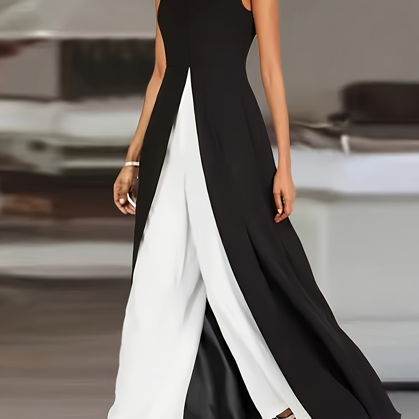 

Split Hem Zipper Asymmetrical Two-piece Set, Chic Sleeveless Tank Top & Wide Leg Pants Outfits, Women's Clothing