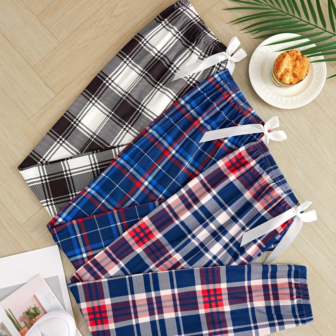 

3pcs Bow Plaid Sleep Bottoms, Casual & Cozy Home Sleep Pants, Women's Sleepwear & Loungewear