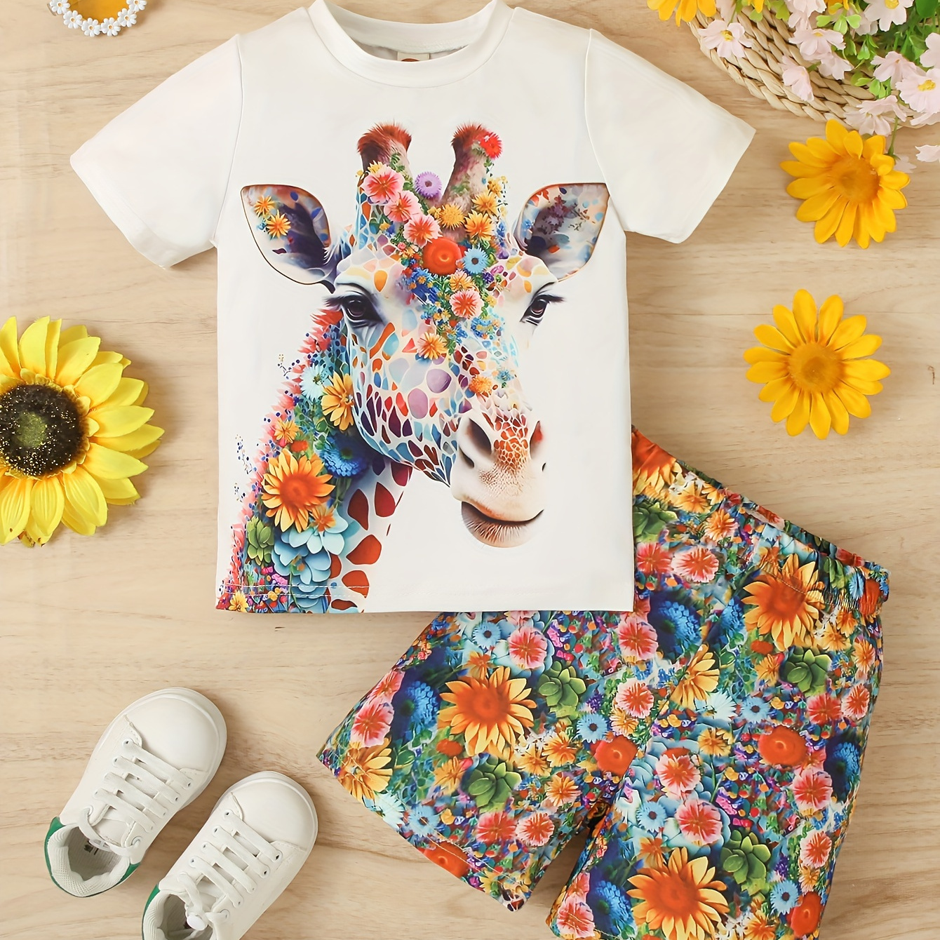 

Floral Giraffe Print Girl's Outfit Short Sleeve Top + Full Print Shorts Holiday Casual Set, Summer 2pcs Girls Clothes