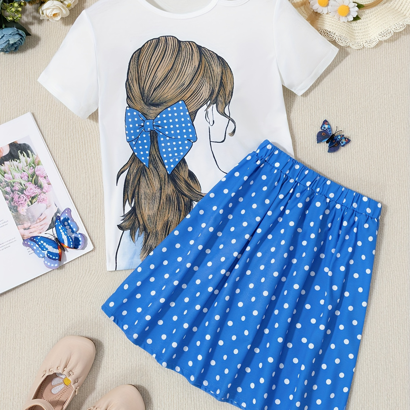 

Trendy 1 Set Girl's Cartoon Lady Graphic T-shirt + Polka Dots Skirt Co-ords Set, Comfy & Fashion Girls Spring/ Summer Outfit