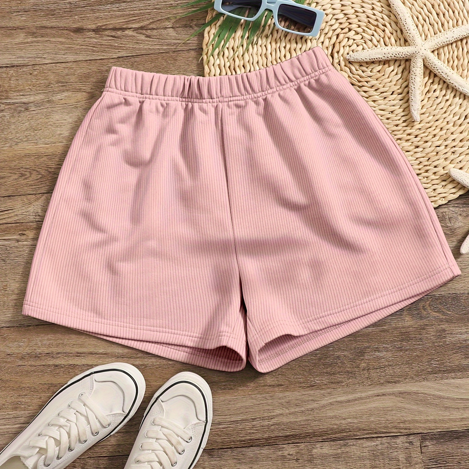 

Solid Color Ribbed Shorts, Casual Elastic Waist Sports Shorts For Summer, Women's Clothing