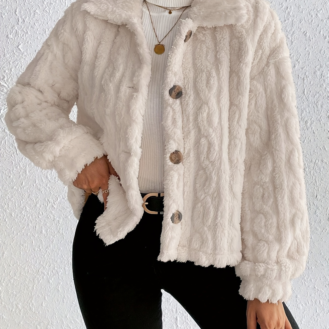 

Button Front Plush Teddy Coat, Casual Long Sleeve Textured Fluffy Coat For Fall & Winter, Women's Clothing