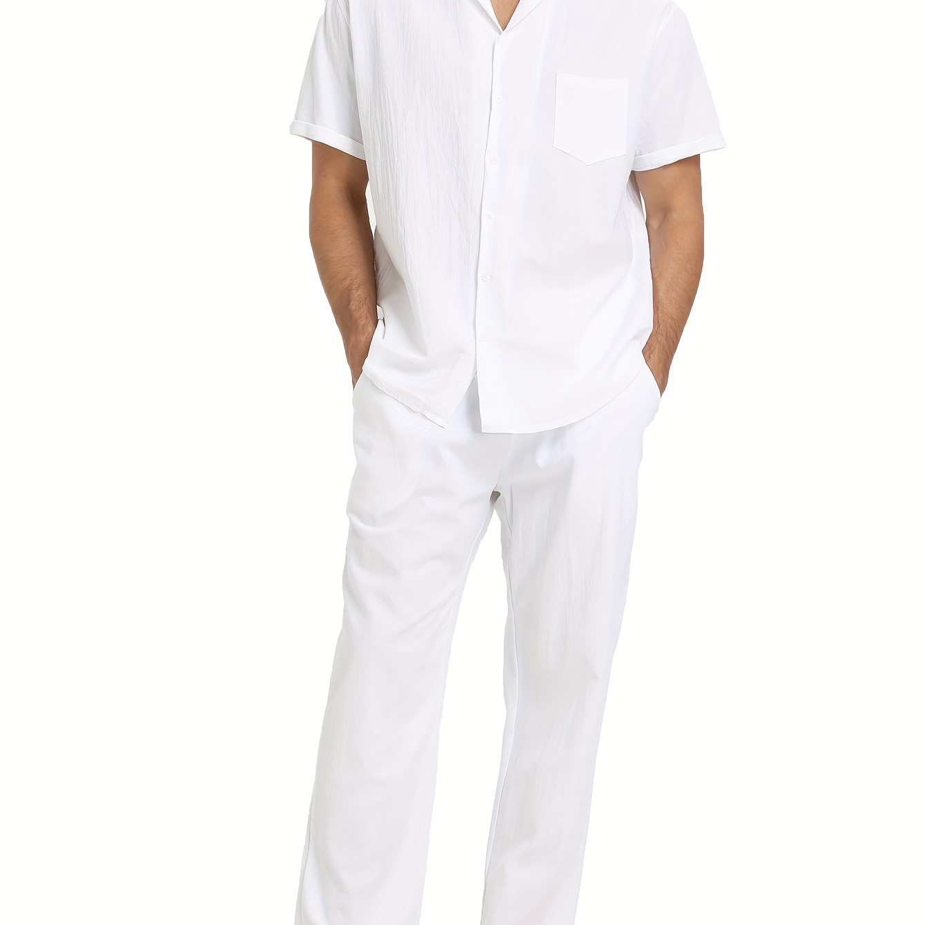 

Casual 2pcs Set, Men's Comfy Breathable Chest Pocket Short Sleeve Shirt & Casual Pants Matchings Et