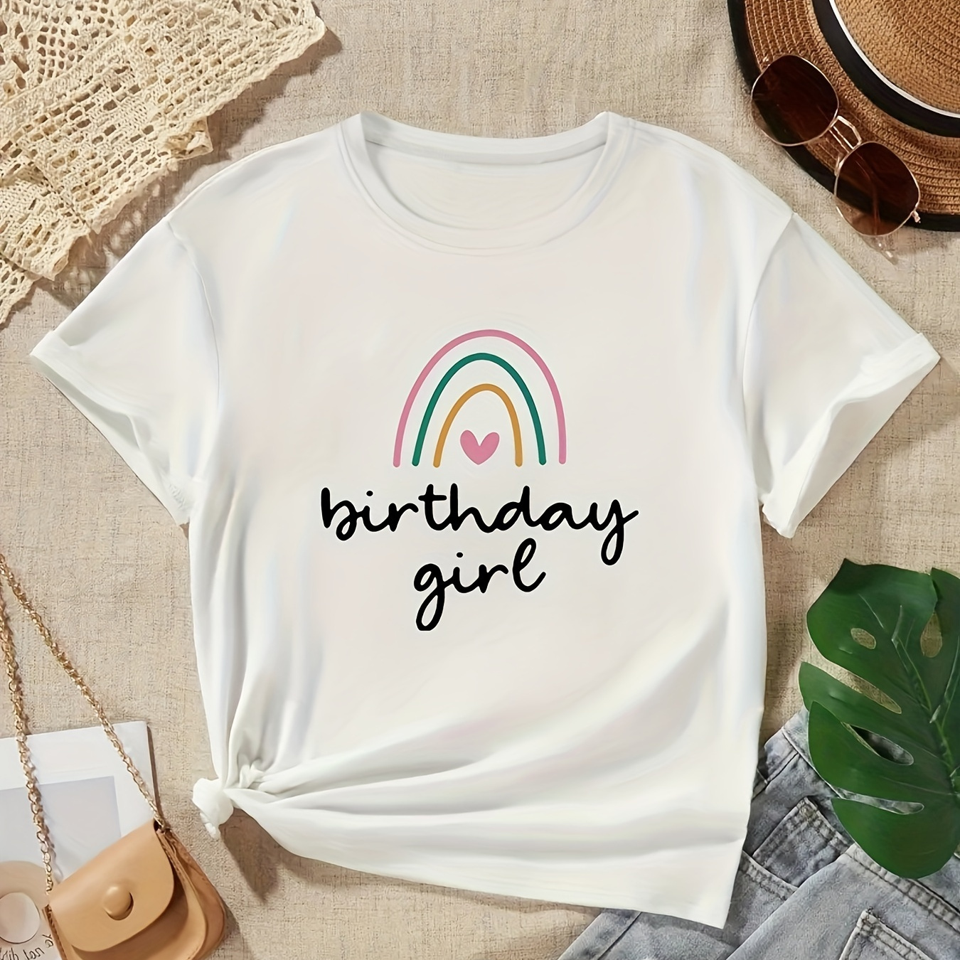 

Graffiti Birthday Girl With Cartoon Pastel Rainbow Graphic Print, Girls' Casual Crew Neck Short Sleeve T-shirts, Comfy Top Clothes For Spring And Summer For Exercise