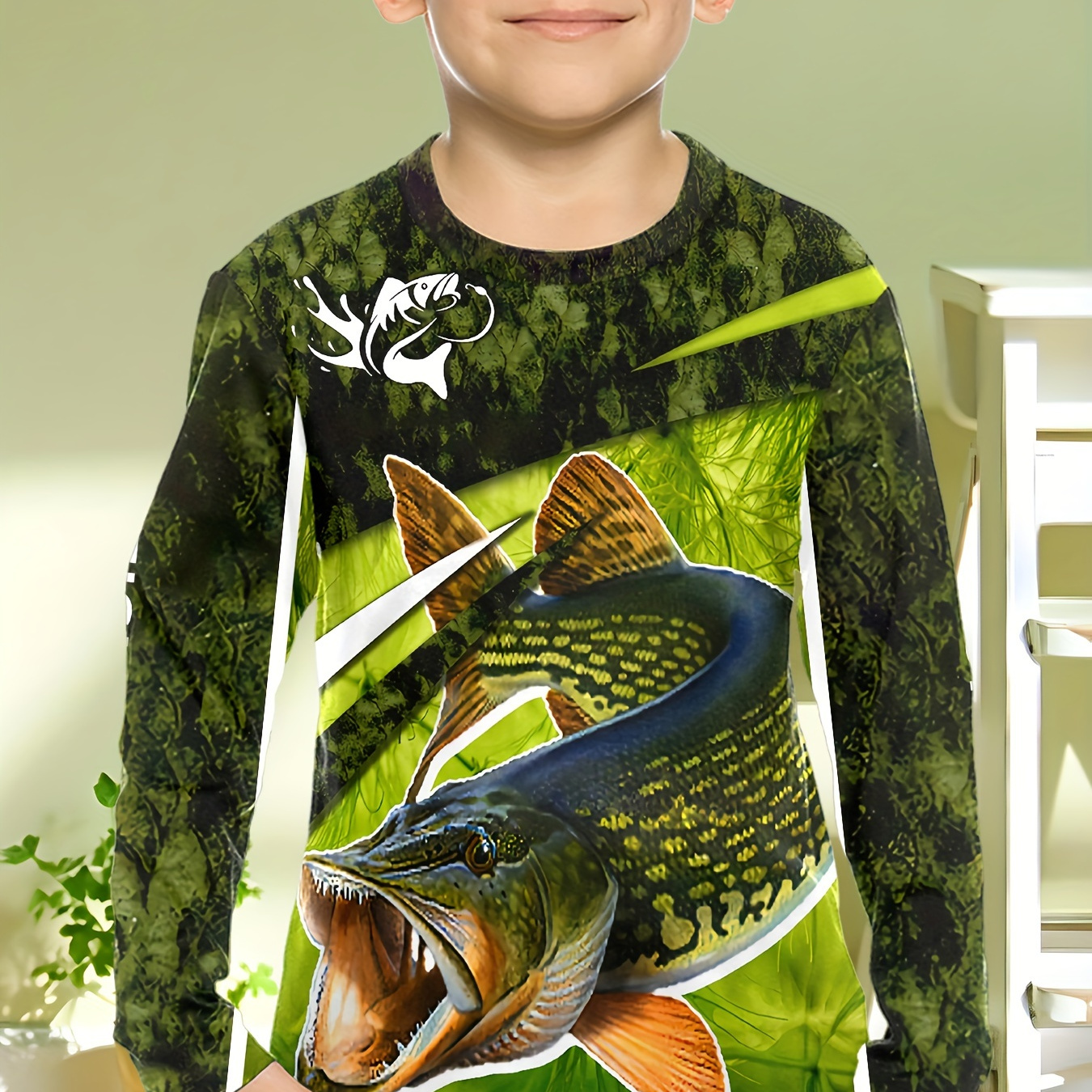 

Boys Stylish Fish Pattern 3d Digital Print Crew Neck Long Sleeve Tees, Novelty T-shirt, Casual Comfortable Versatile Top For Spring And Autumn, Suitable For Daily & Going