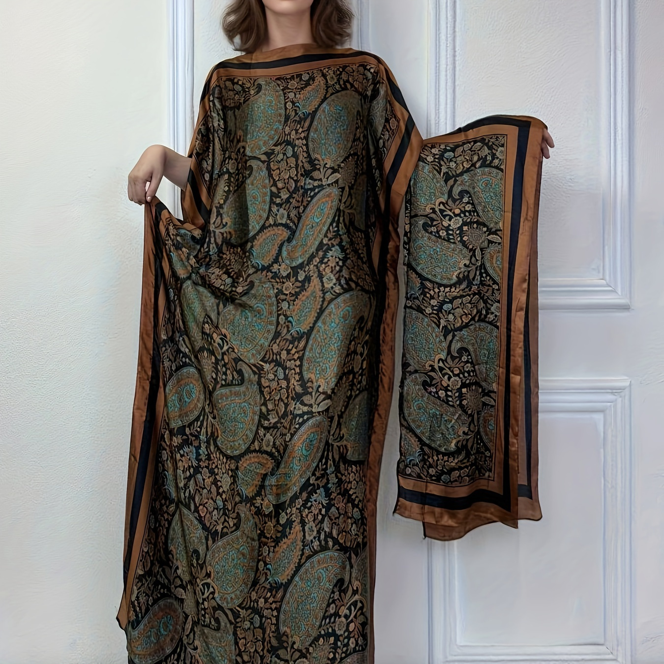 

Paisley Print Boat Neck Kaftan Dress, Elegant Batwing Sleeve Loose Maxi Dress With Headscarf, Women's Clothing