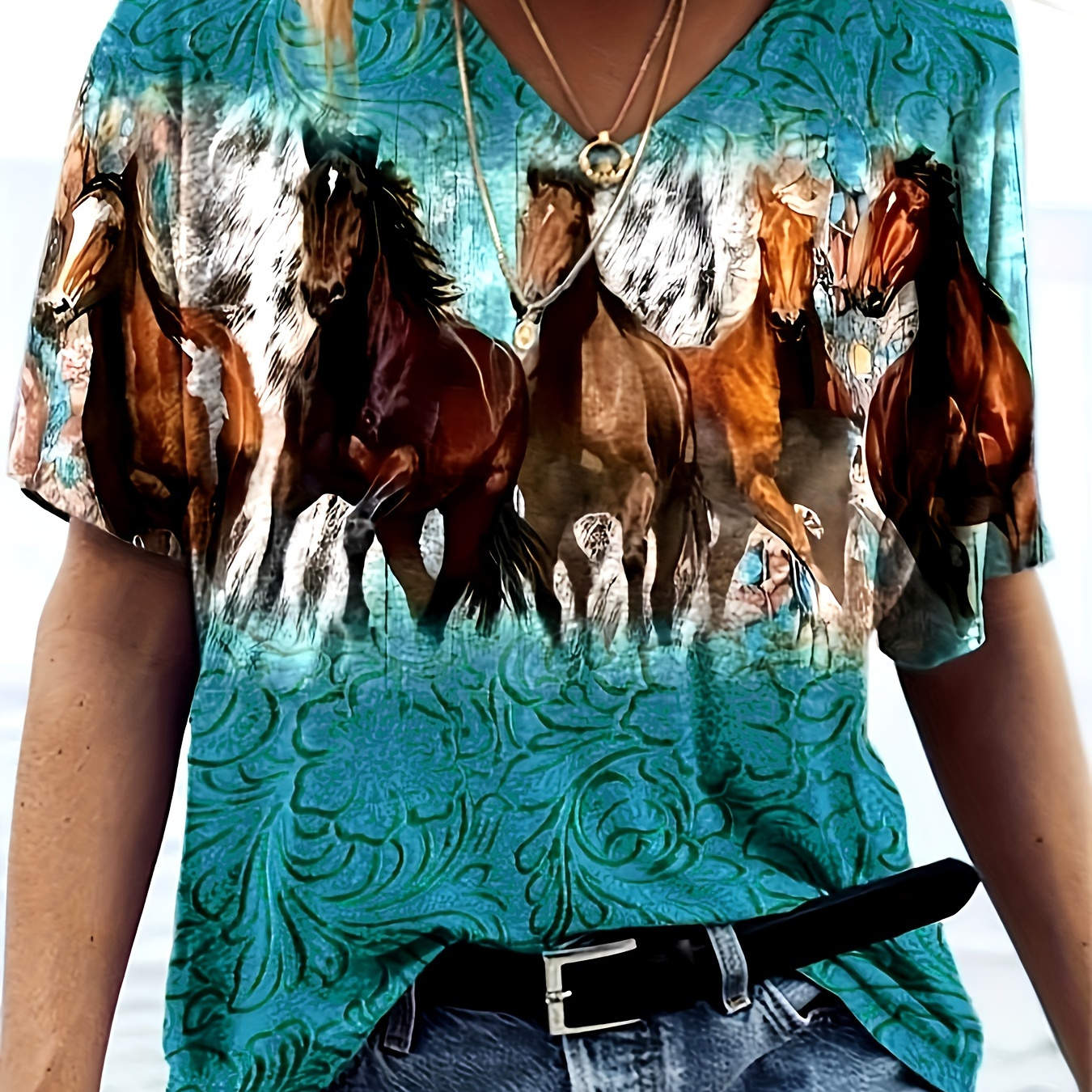 

Vintage Graphic & Horses Print T-shirt, V-neck Short Sleeve Top For Spring & Summer, Women's Clothing