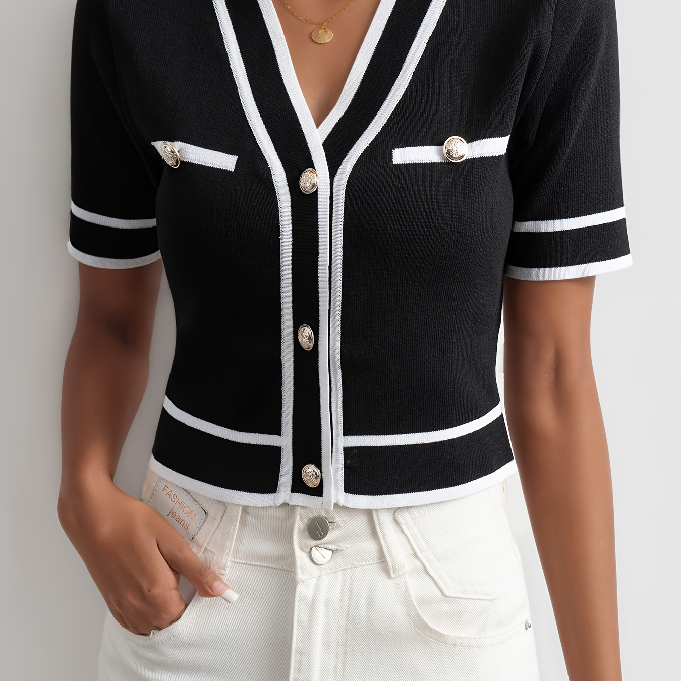 

Contrast Trim Button Front Knit Cardigan, Elegant V Neck Short Sleeve Crop Top For Spring & Summer, Women's Clothing