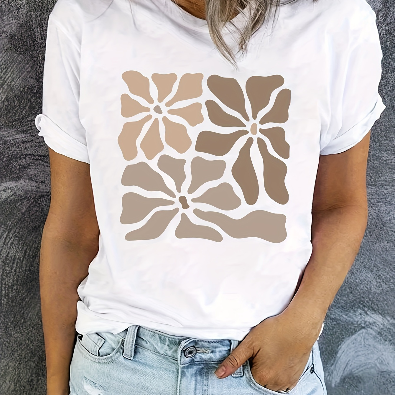 

Floral Print Crew Neck T-shirt, Casual Short Sleeve T-shirt For Spring & Summer, Women's Clothing