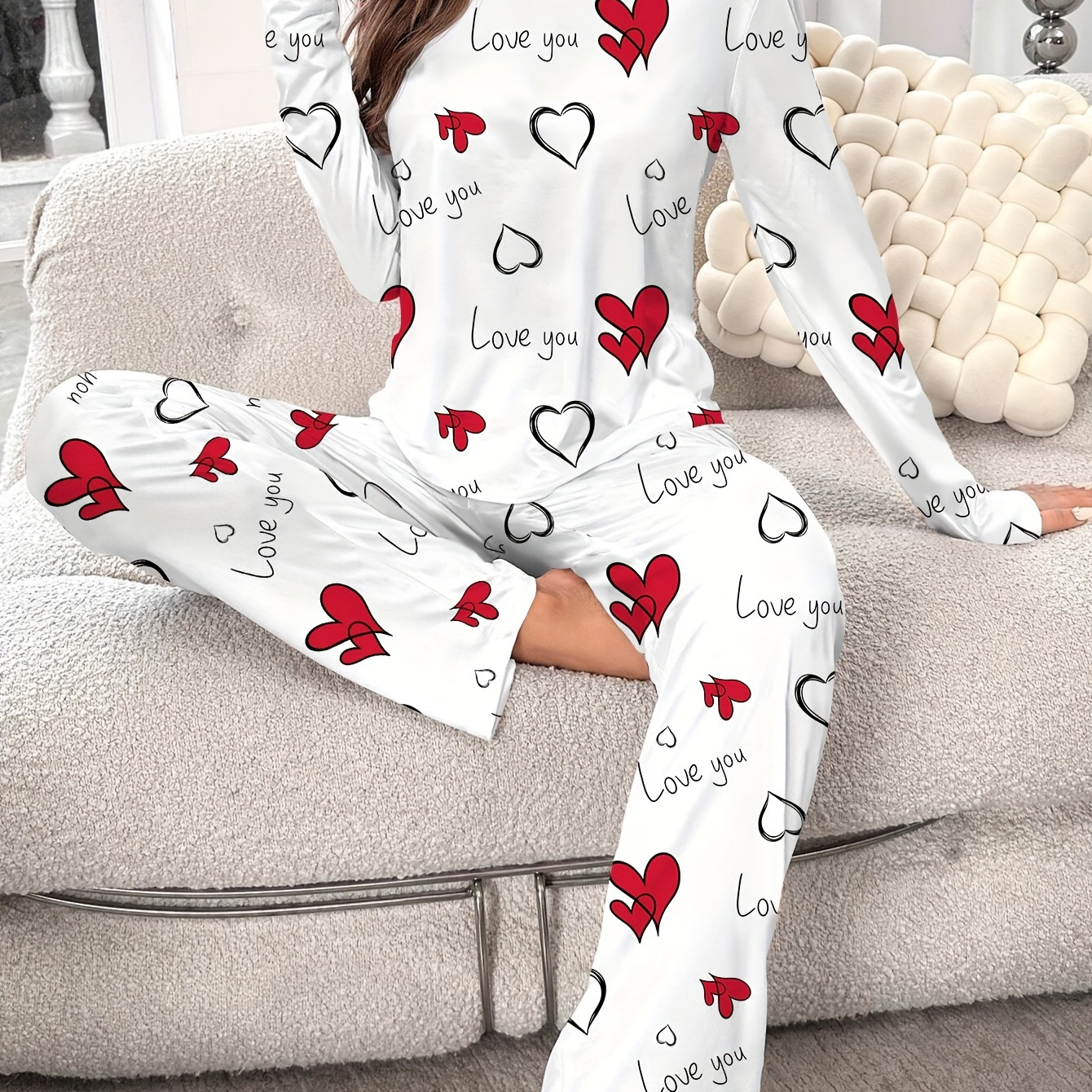 

1 Set Women's Long Sleeve Pajama Set With Heart Pattern - Casual Crew Neck Polyester Knit Fabric Sleepwear With "love You" Print For Spring/fall - Adult Pullover Pjs With Long Pants