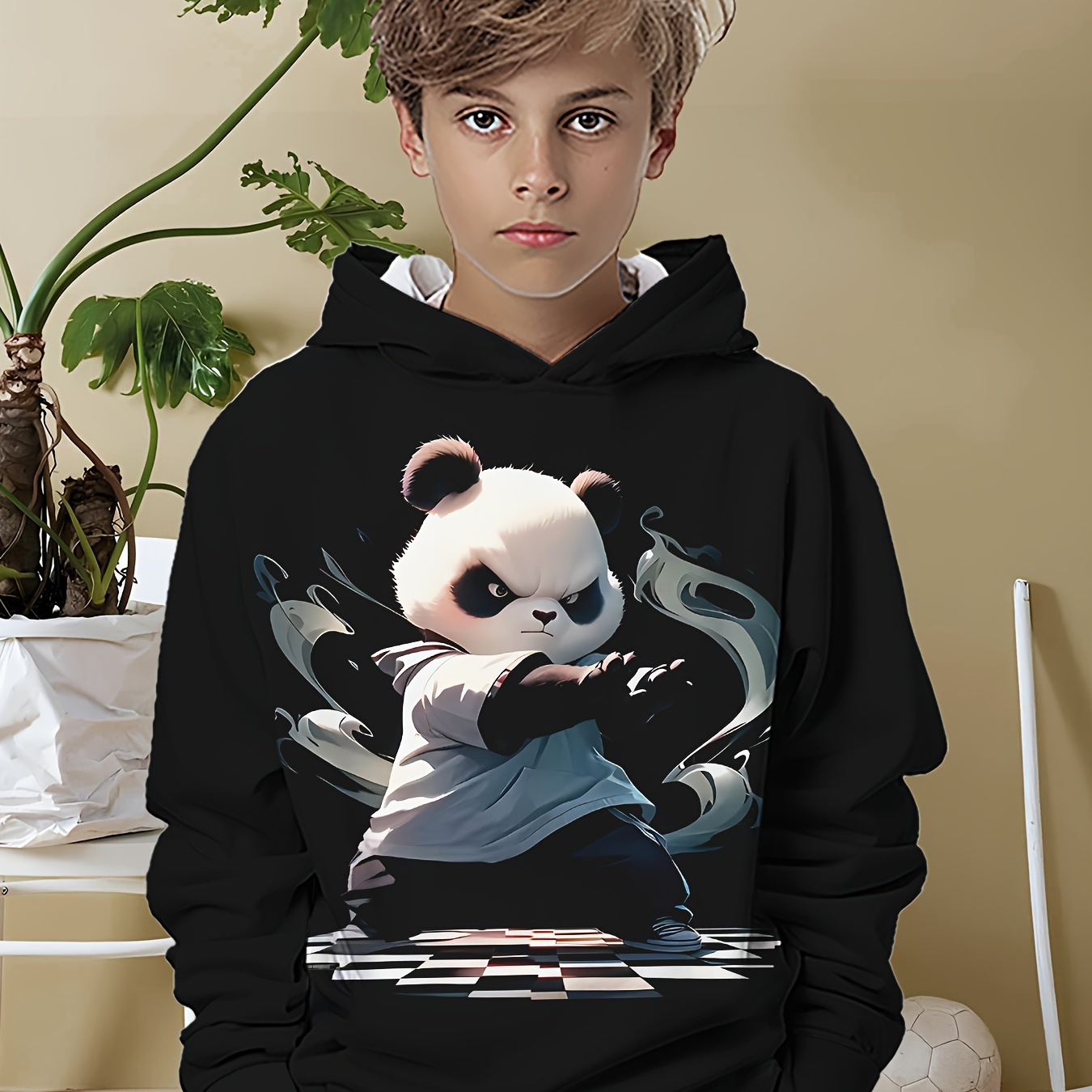 

Boys' Casual Long Sleeve Hoodie With 3d Printing Cartoon Panda Pattern, Spring/autumn Fashionable Pullover For Kids, Hooded Sweatshirt For Boys, Suitable For Outdoor Wear