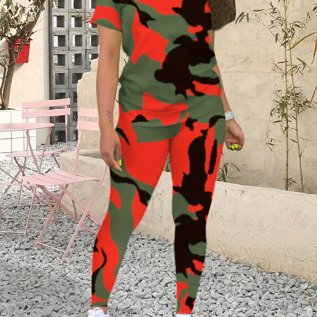 

Camo Print Two-piece Set, Casual Crew Neck T-shirt & Skinny Pants Outfits, Women's Clothing