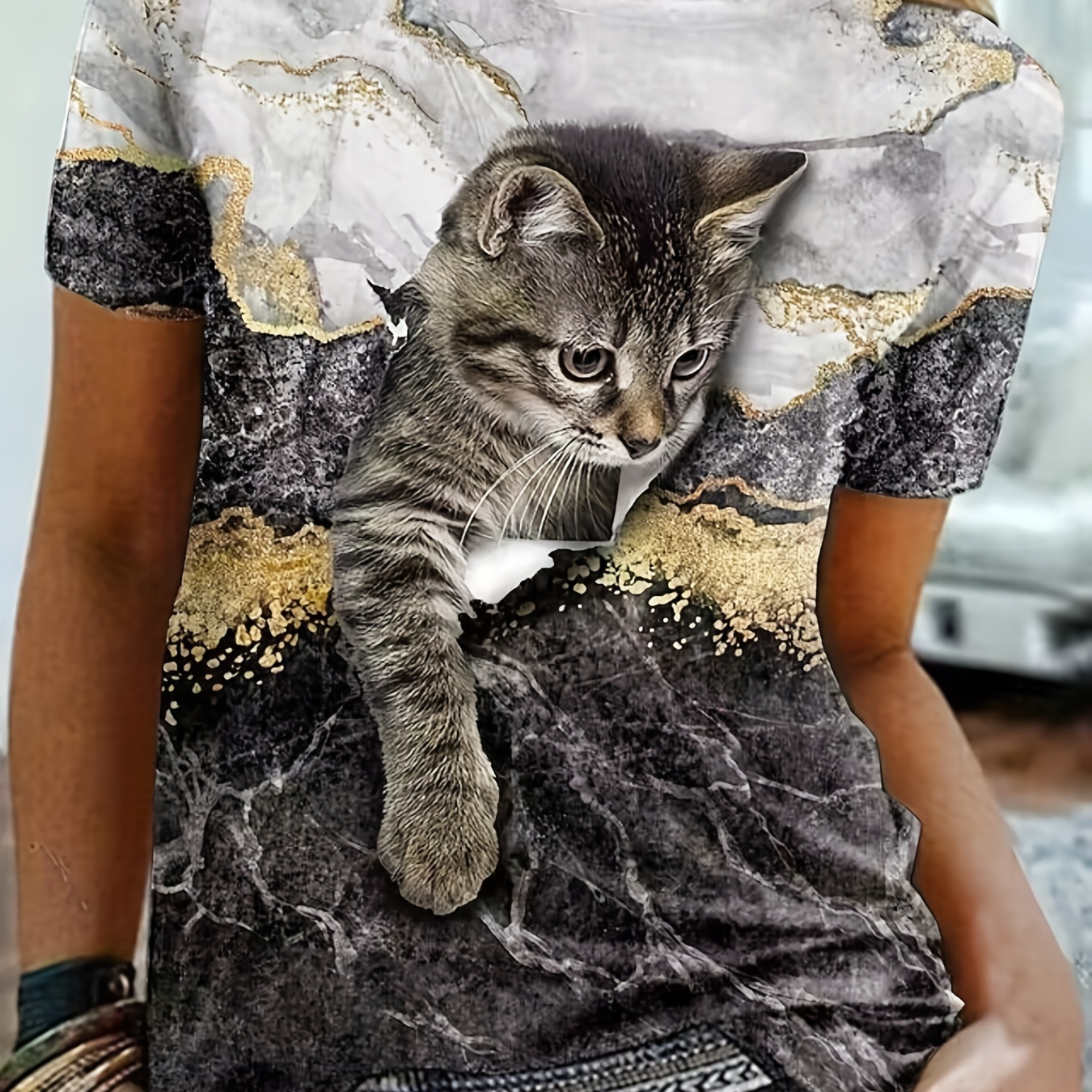 

Marble & Cat Print Crew Neck T-shirt, Casual Short Sleeve T-shirt For Spring & Summer, Women's Clothing
