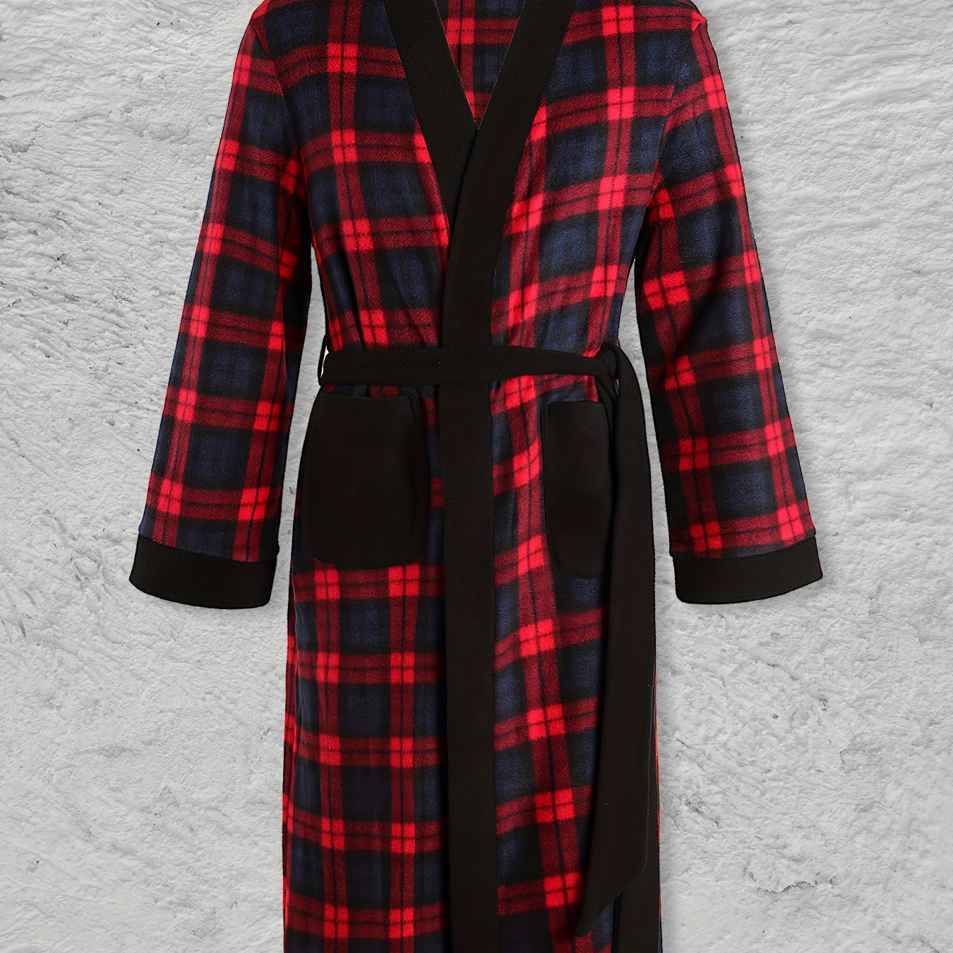 

Men's Comfy Checkered Fleece Robe Home Pajamas Wear With Pockets, One-piece Lace Up Night-robe Warm Sets After Bath