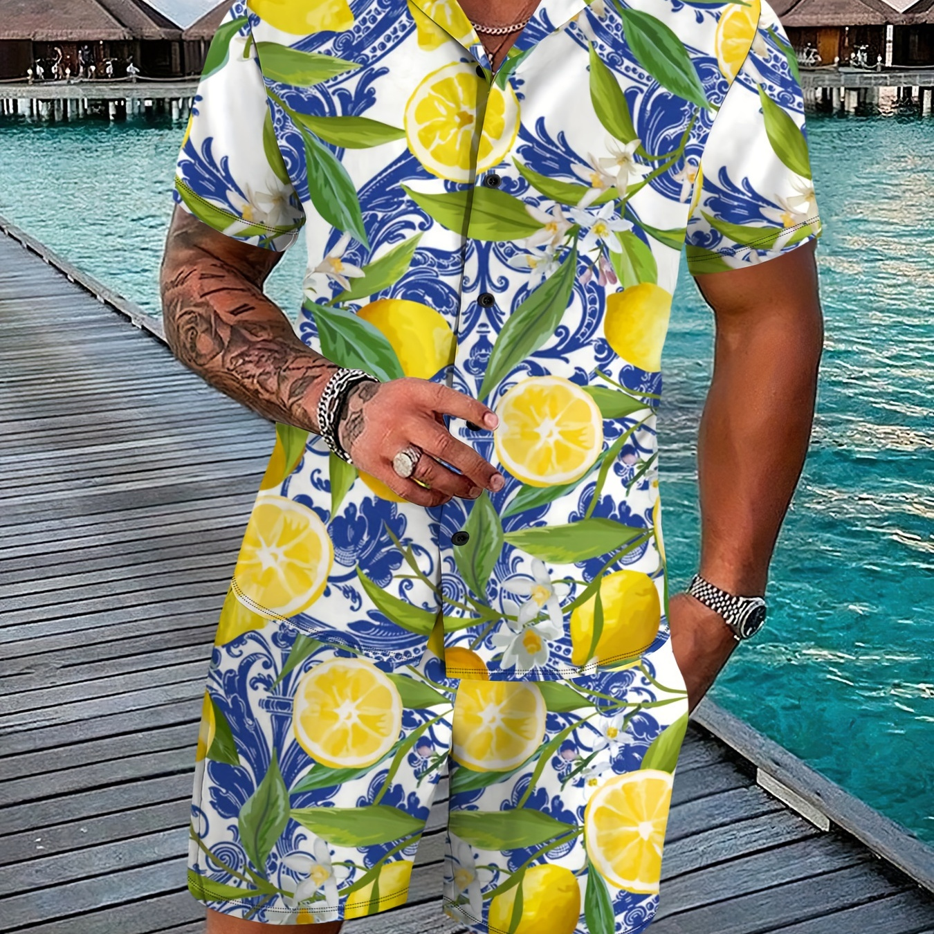 

Men's Lemon Graphic Print Shirt & Shorts Set For Summer, 2pcs Outfits