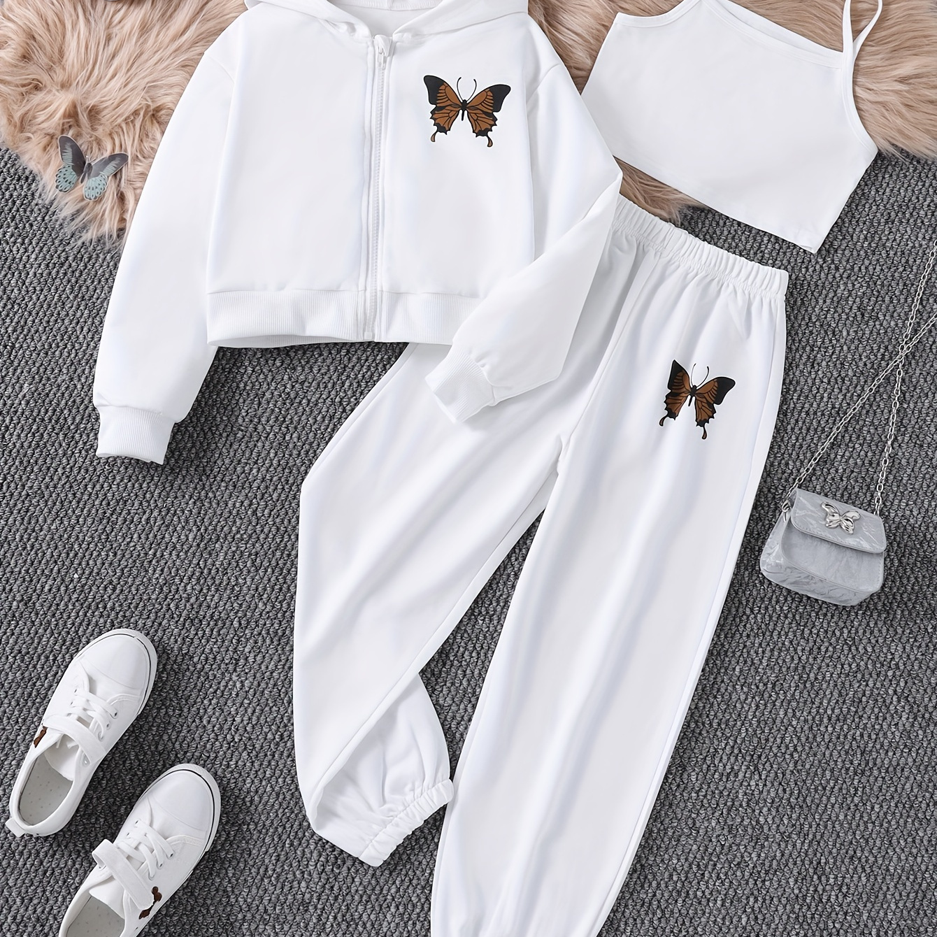 

[3pcs] Butterfly Print Zip-up Long-sleeve Hoodie Jacket + Pants+ Camisole Set Girl's Trendy Outfit, Suitable For Spring Fall Daily, Sports, Gift