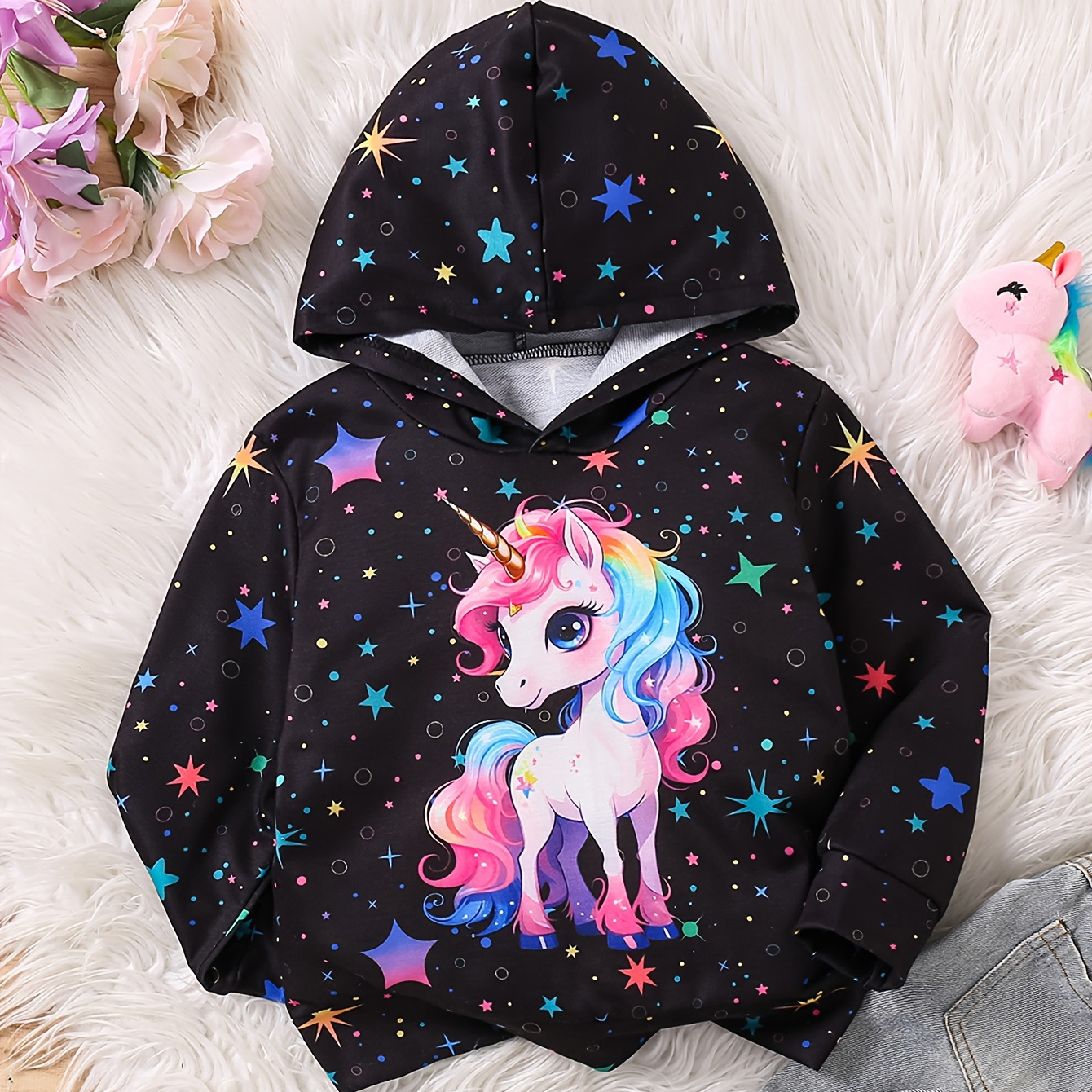 

Girls' Cute Unicorn Print Hoodie, Long Sleeve Pullover With Stars, Soft Knit Polyester 95% Elastane 5%, Regular Fit Spring/fall Outerwear, Fashion Print, Full Print, Unicorn, Knit Jacket