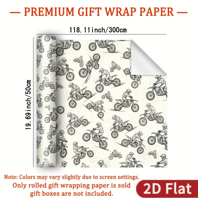 TEMU 1 Roll 2d Flat Retro Motorcycle Illustration Wrapping Paper Gift Glossy Paper - Off-white Background With Retro Line Drawing Of Motorcycle