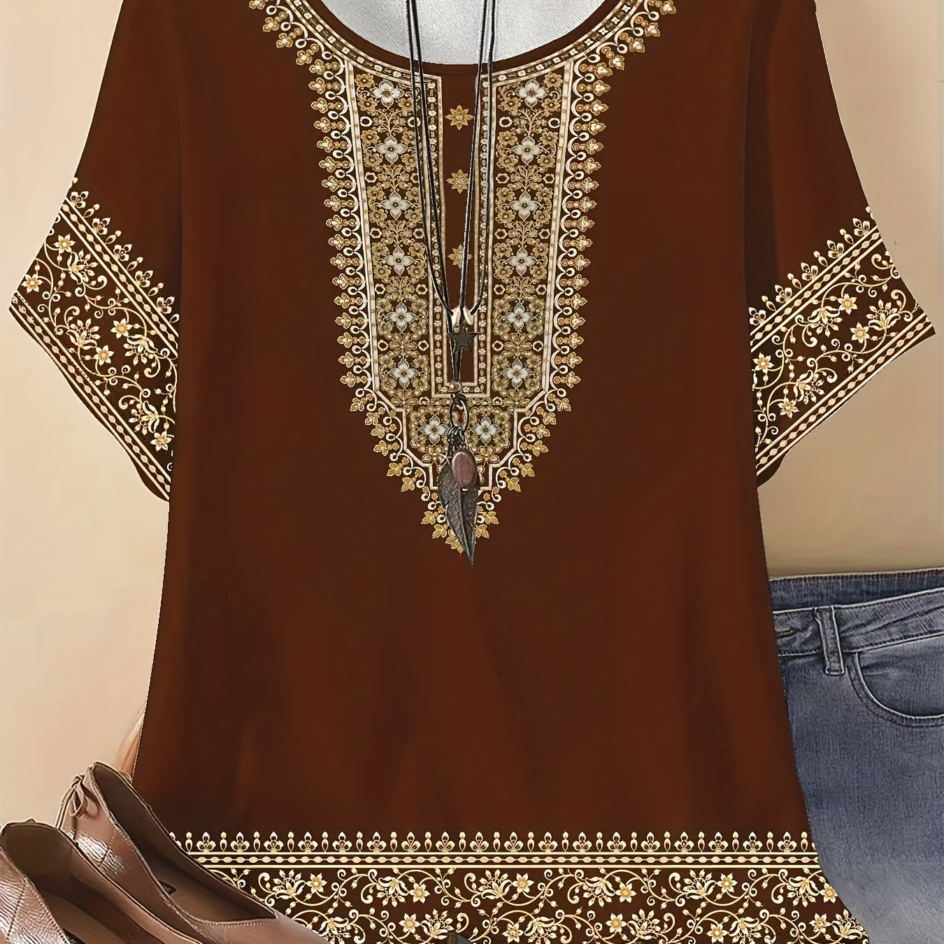 

1pc Bohemian Print Round Neck T-shirt For Women - Soft Polyester , Casual Short Sleeve Tee With Ethnic Pattern, Regular Fit Spring/