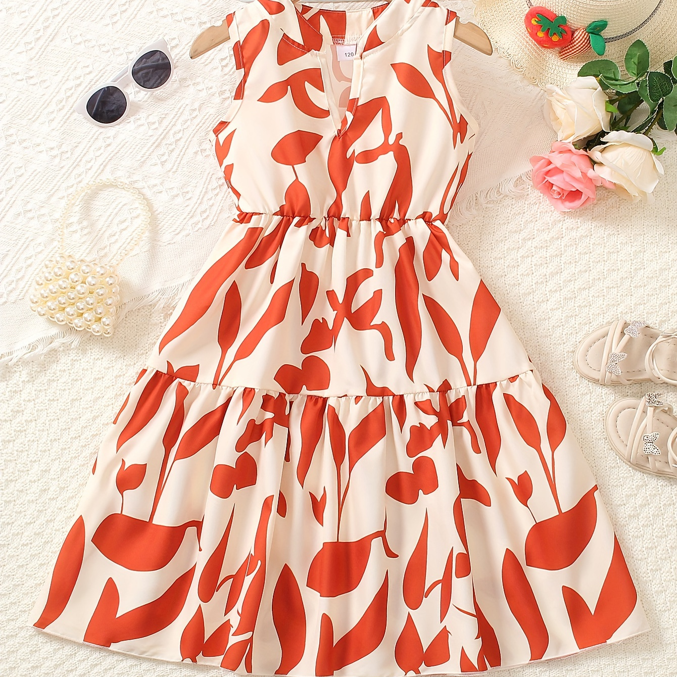 

Casual Band Collar V-neck Sleeveless Dress, Girls Dresses Holiday Summer Gift