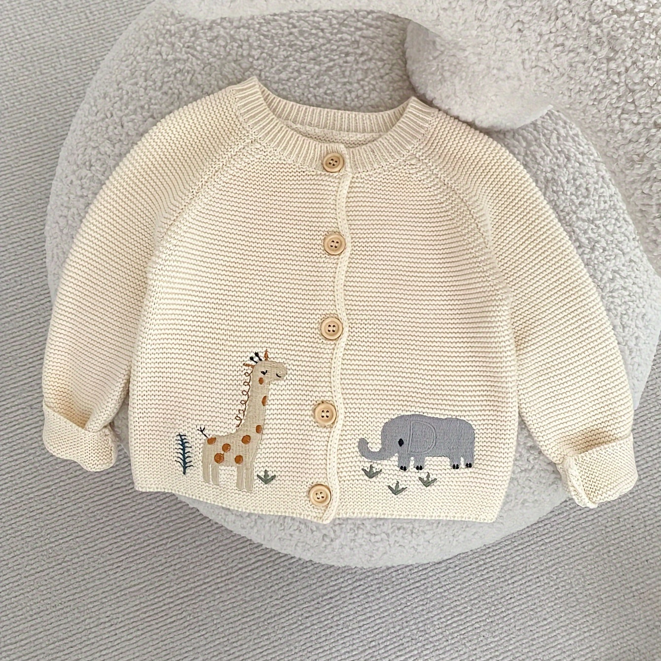 

Baby Girl's Cute And Fun Embroidered Cotton Cardigan, Knitted Coat With Giraffe And Elephant Graphic Print, Casual Comfortable Spring And Autumn Tops For Daily Wear And Outdoor Sports