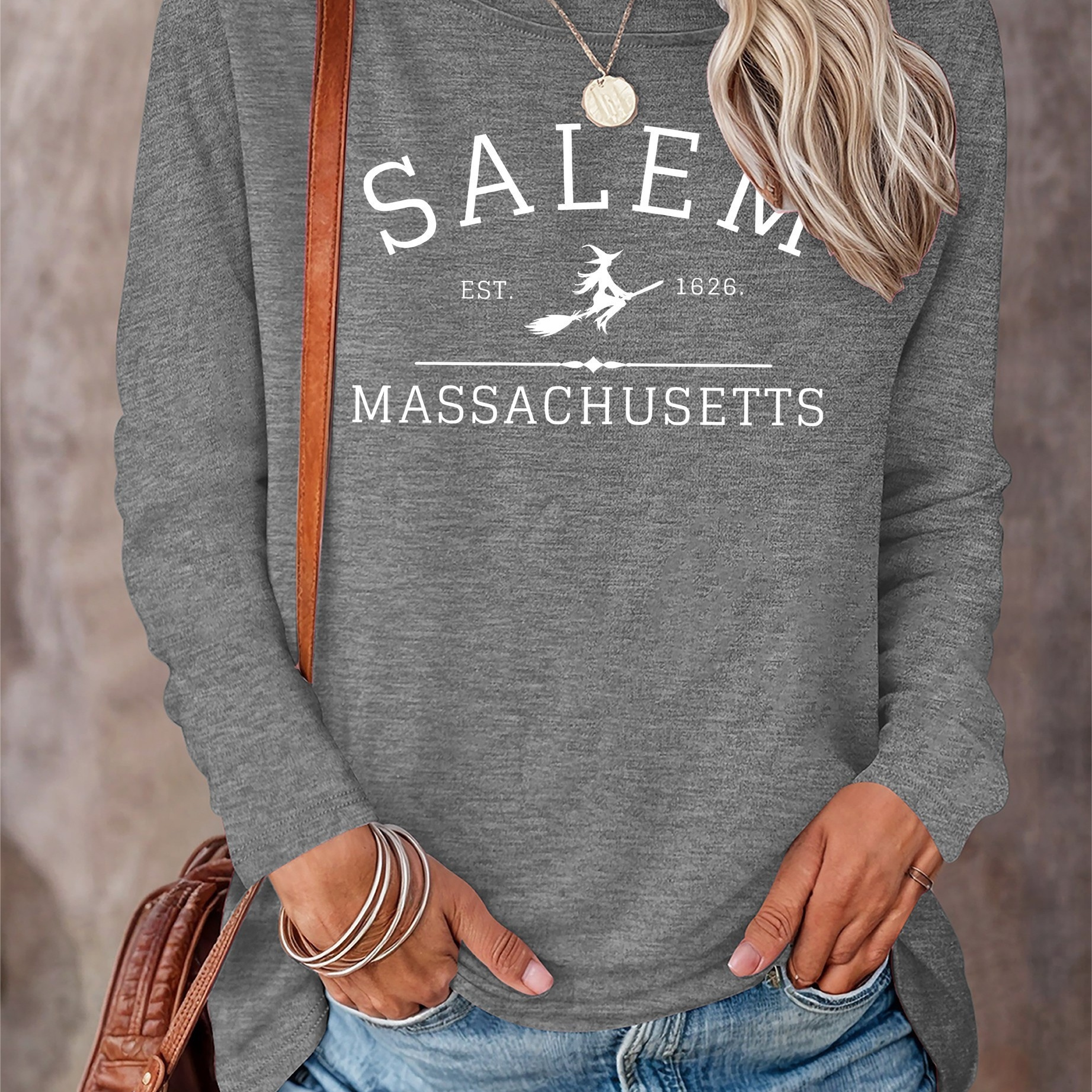 

Salem Massachusetts Est. 1626 Graphic Print Long Sleeve T-shirt, Casual Crew Neck Polyester Blend Top, Women's Style Knit Fabric Tee – Ideal For Spring/fall