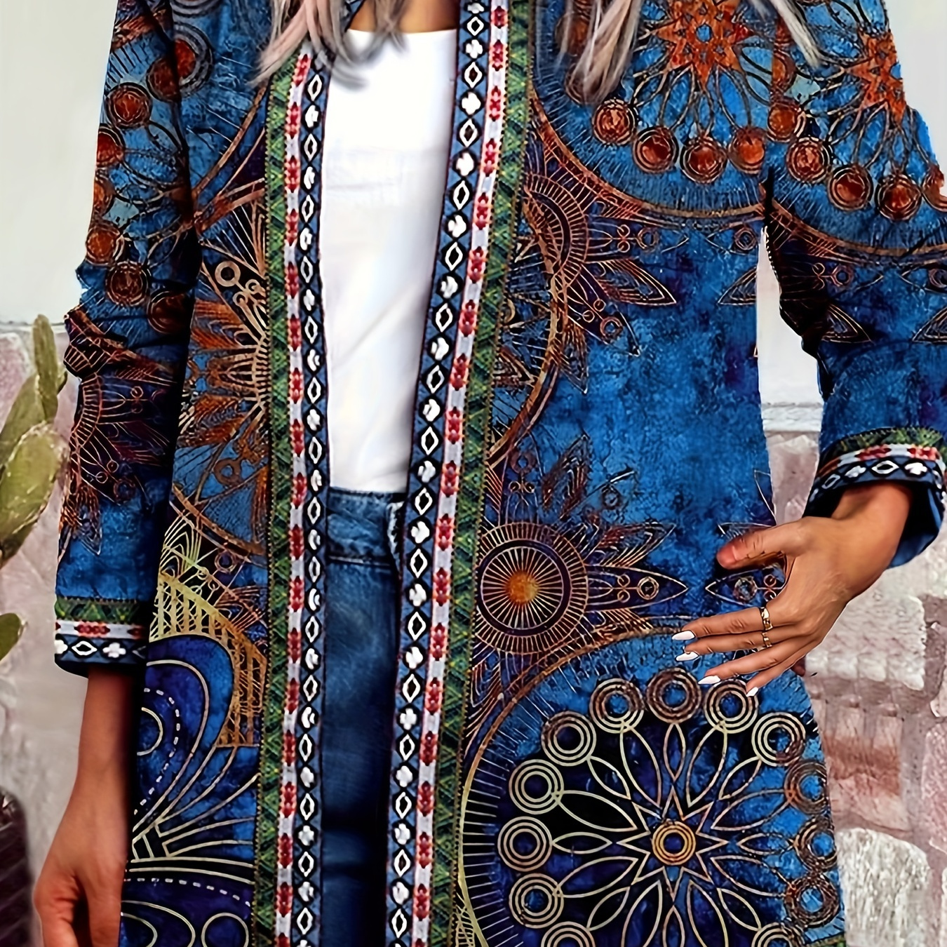 

1pc Bohemian Chic Long Cardigan For Women - Casual Polyester Knit Fabric Shawl With Vibrant Print, Collarless, Long Length For All