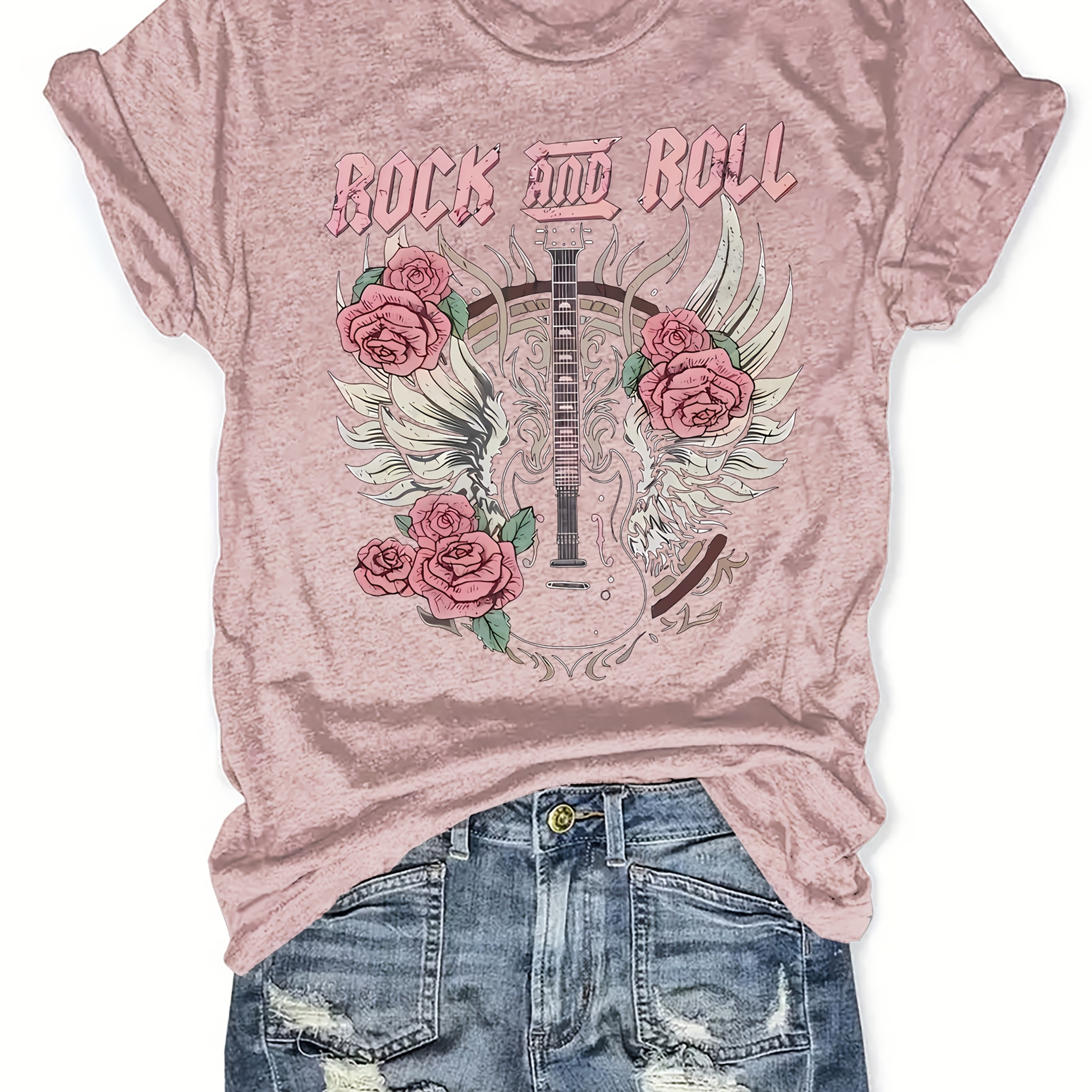 

1pc Women's Floral Rock And Roll Graphic T-shirt - Casual Crew Neck Knit Polyester Top With Short Sleeves For All