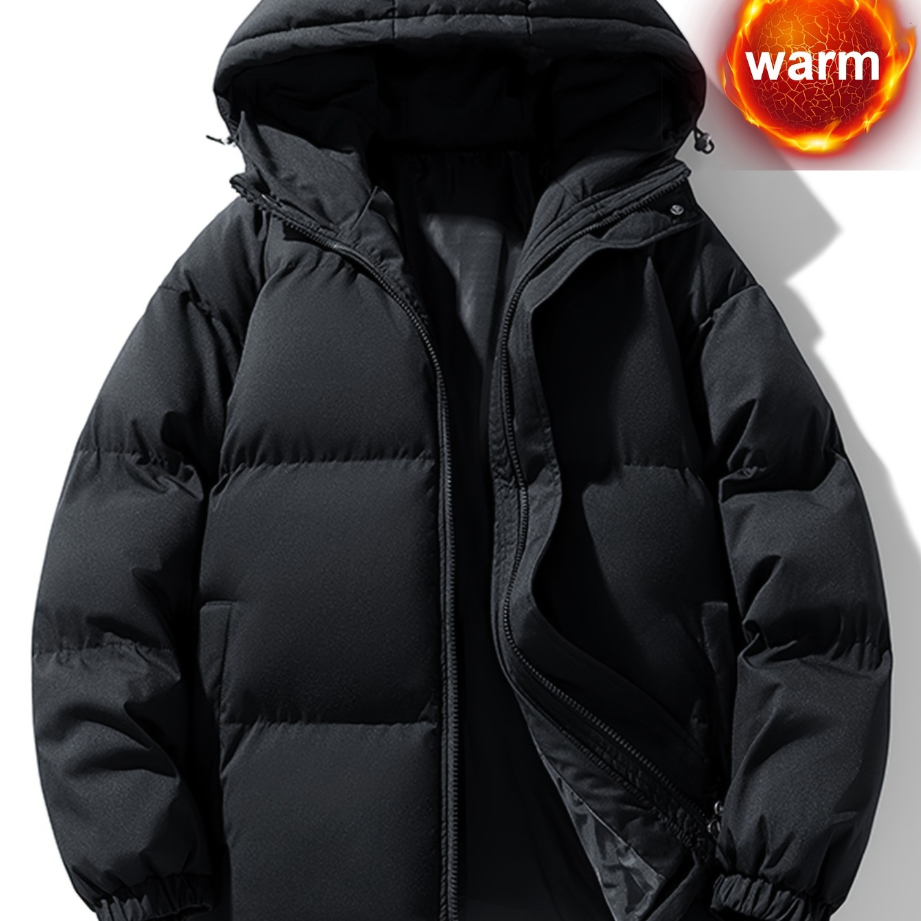 

Men's Loose Solid Padded Jacket With Pockets, Casual Zip Up Long Sleeve Warm Hooded Outwear For Winter Outdoor Activities