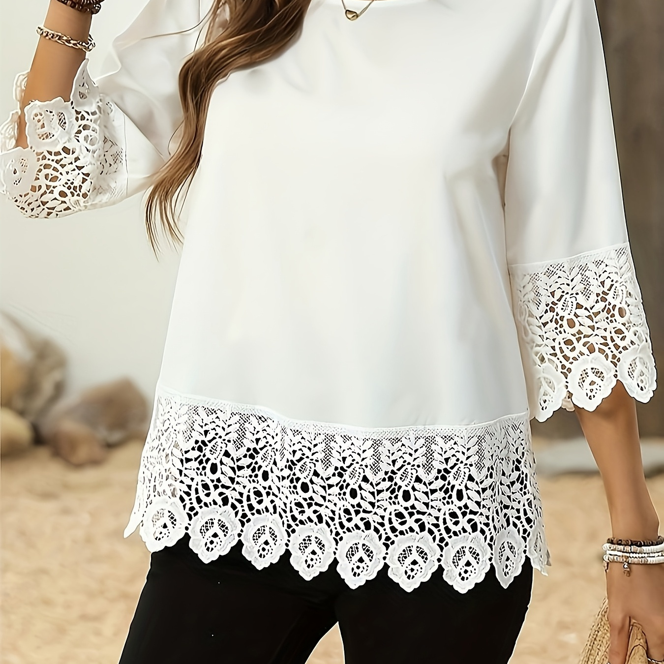 

Elegant White Plus Size Women's Blouse, Polyester, Round Neck, Half Sleeve - Spring And Summer