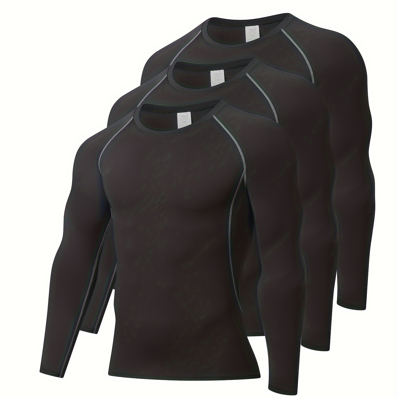 

3pcs Compression Shirts, Men's Long Sleeve Athletic Moisture Wicking Round Neck Baselayer, Sports Workout