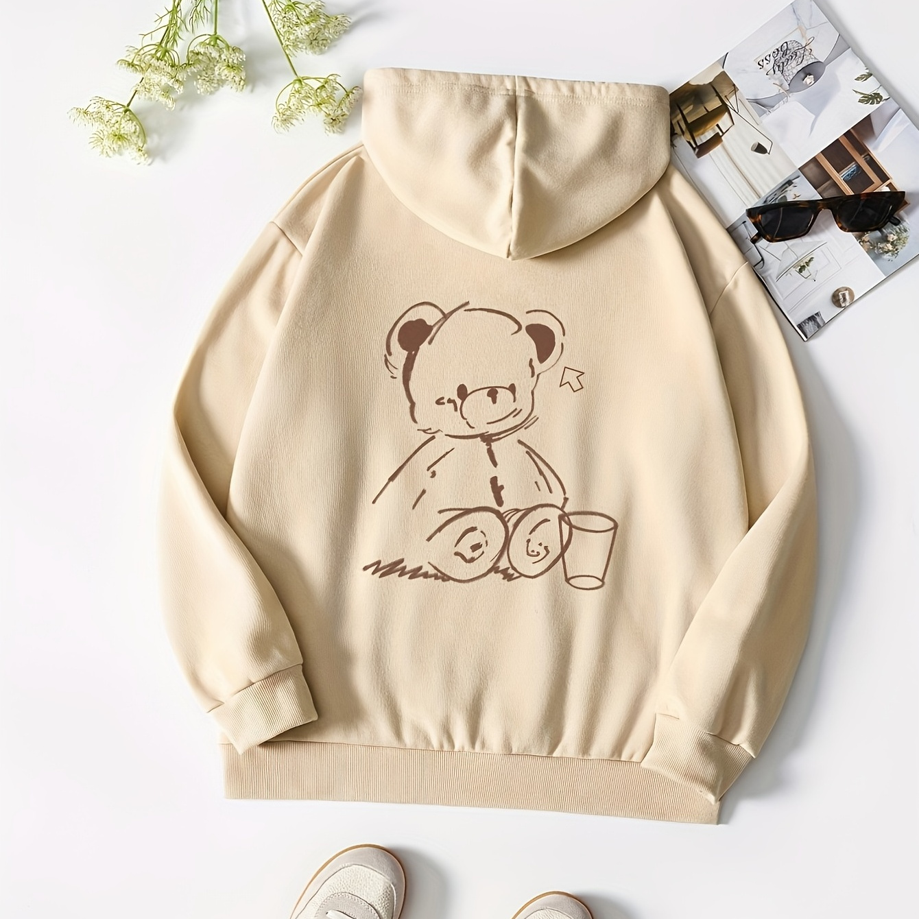 

Casual Long Sleeve Hooded Sport Sweatshirt For Women, Bear Graphic Pocket Front Drawstring Hoodie, Women's Tops