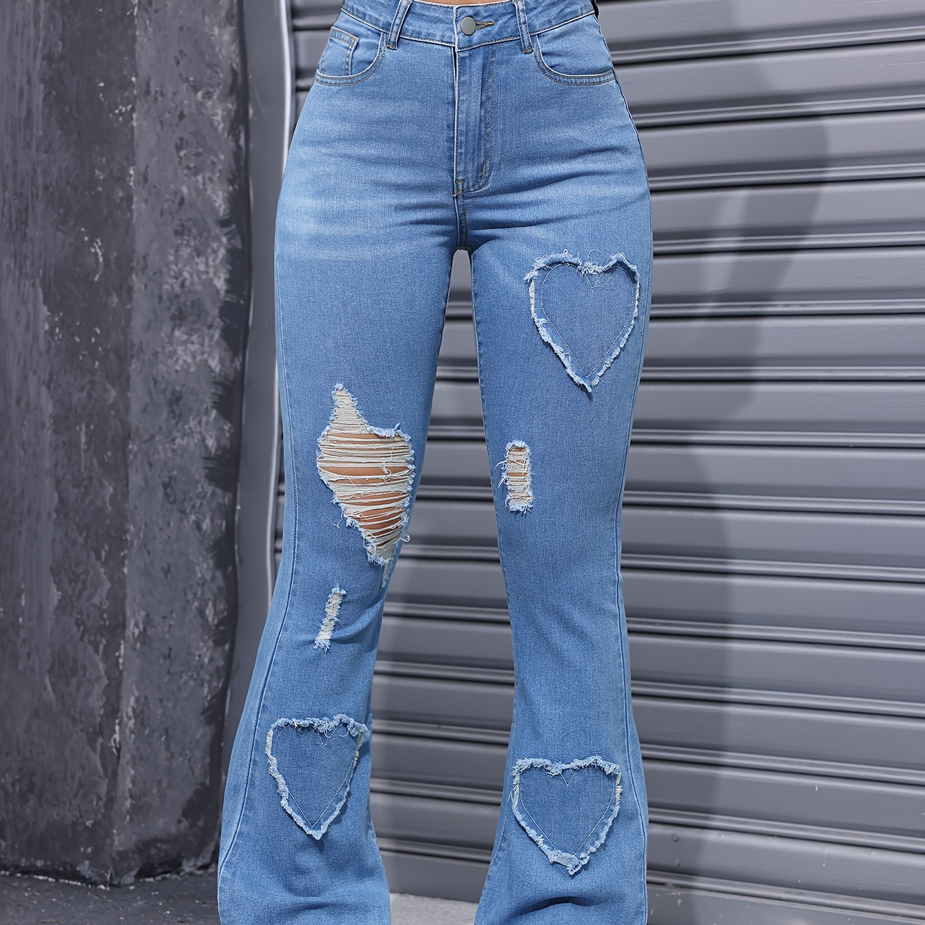 

Heart Embroidered Patch Ripped Raw Hem Flare Leg Stretchy Jeans, Women's Denim Jeans & Clothing