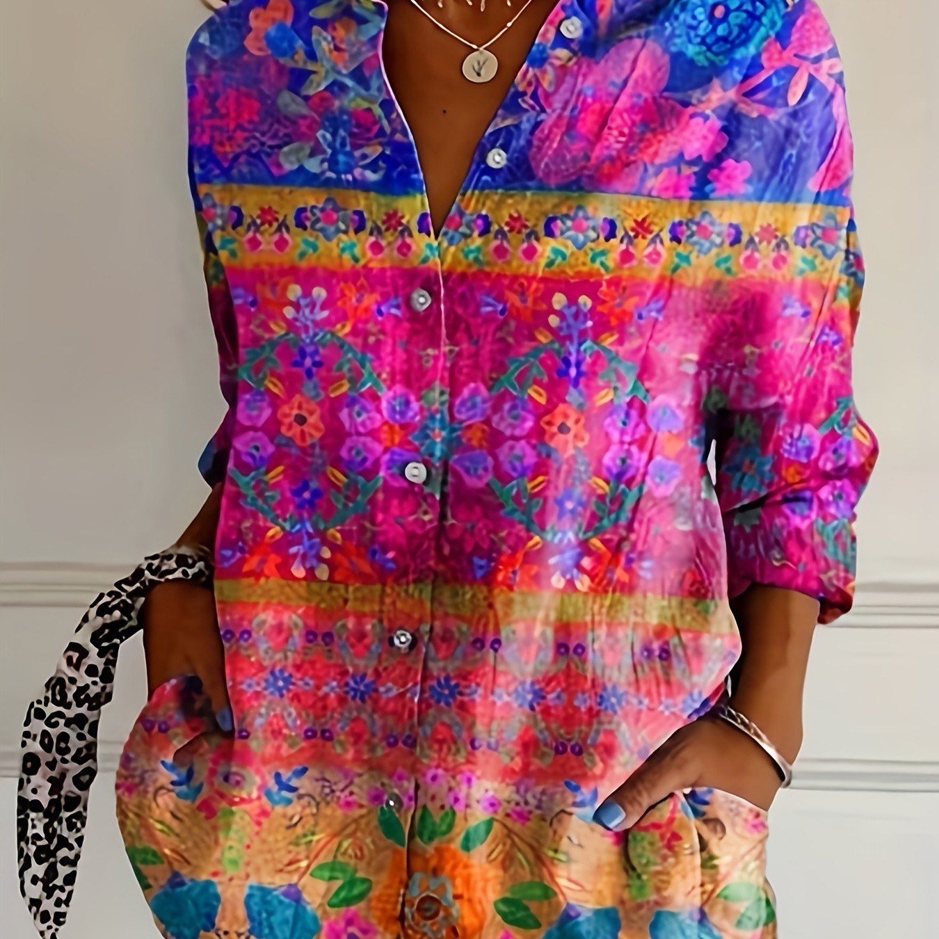 

Chic Floral Print Button-up Shirt For Women - Casual Long Sleeve, Polyester , Machine Washable - Spring & Fall