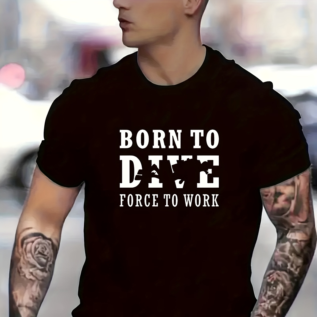 

Funny 'born To Dive Force To Work' Creative Print Casual Novelty T-shirt For Men, Short Sleeve Summer& Spring Top, Comfort Fit, Stylish Streetwear Crew Neck Tee For Daily Wear