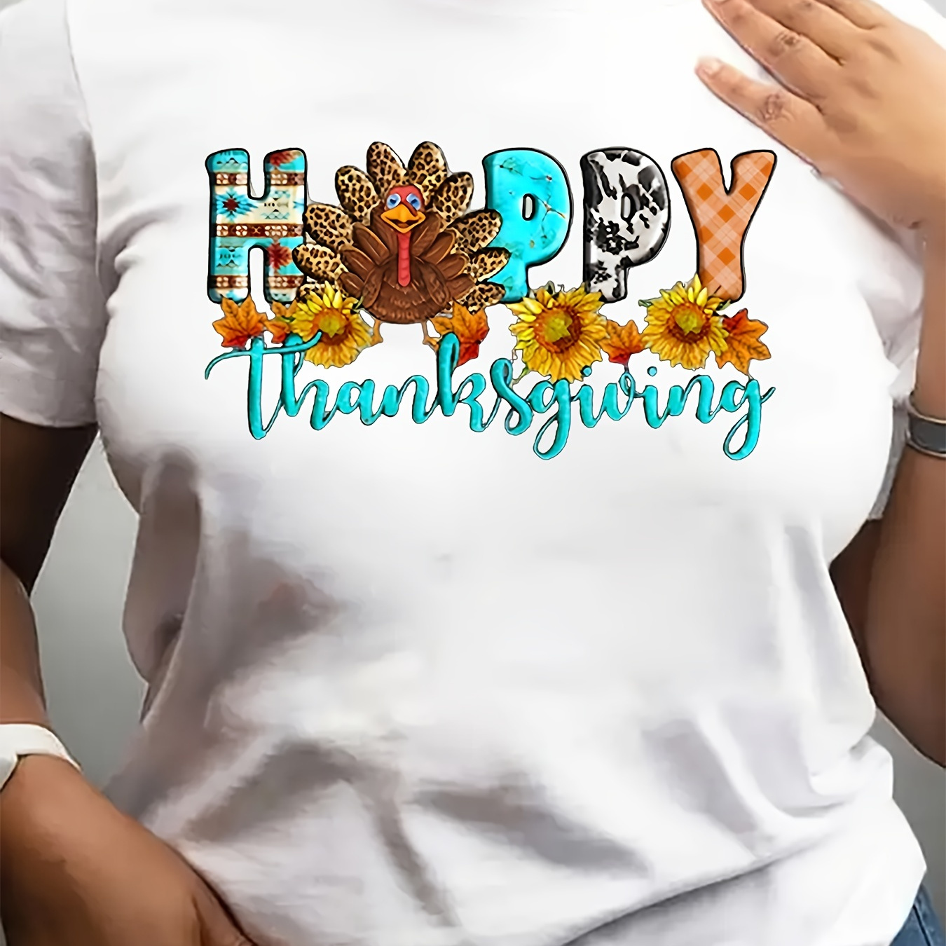 

Plus-size Women's Thanksgiving T-shirt - Crew Neck, Polyester Blend With Cotton & Spandex, Slight Stretch, Geometric Pattern, Knit Fabric, Casual Holiday Tee