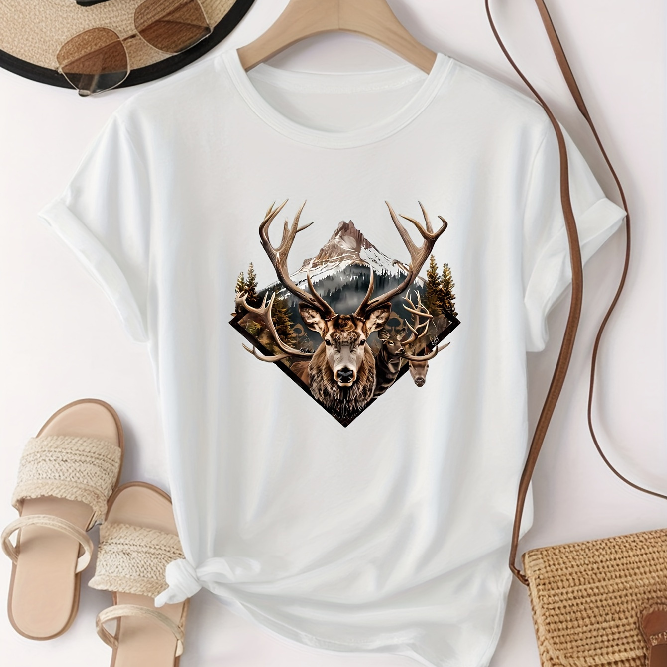 

Women's Plus Size T-shirt - Deer , Short Sleeve, Crew Neck, Stretchy Polyester , Machine Washable - Casual Summer & Spring Wear