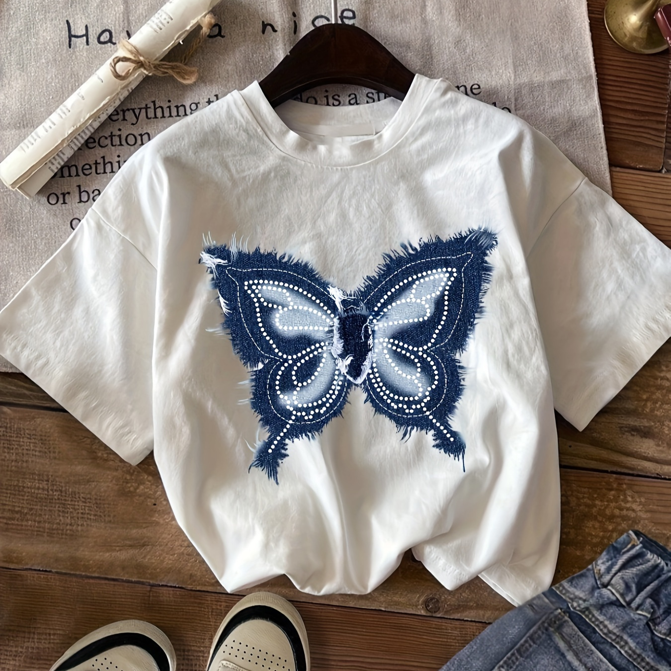 TEMU Butterfly Print T-shirt, Short Sleeve Crew Neck Casual Top For Summer & Spring, Women's Clothing