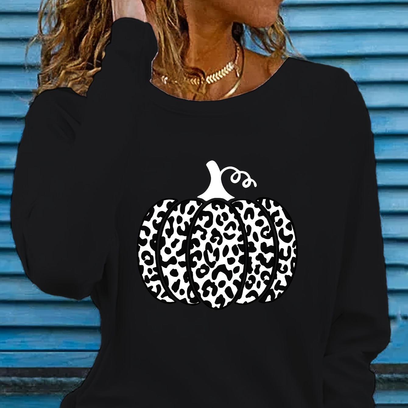 

Pumpkin Print T-shirt, Long Sleeve Crew Neck Casual Top For Spring & Fall, Women's Clothing