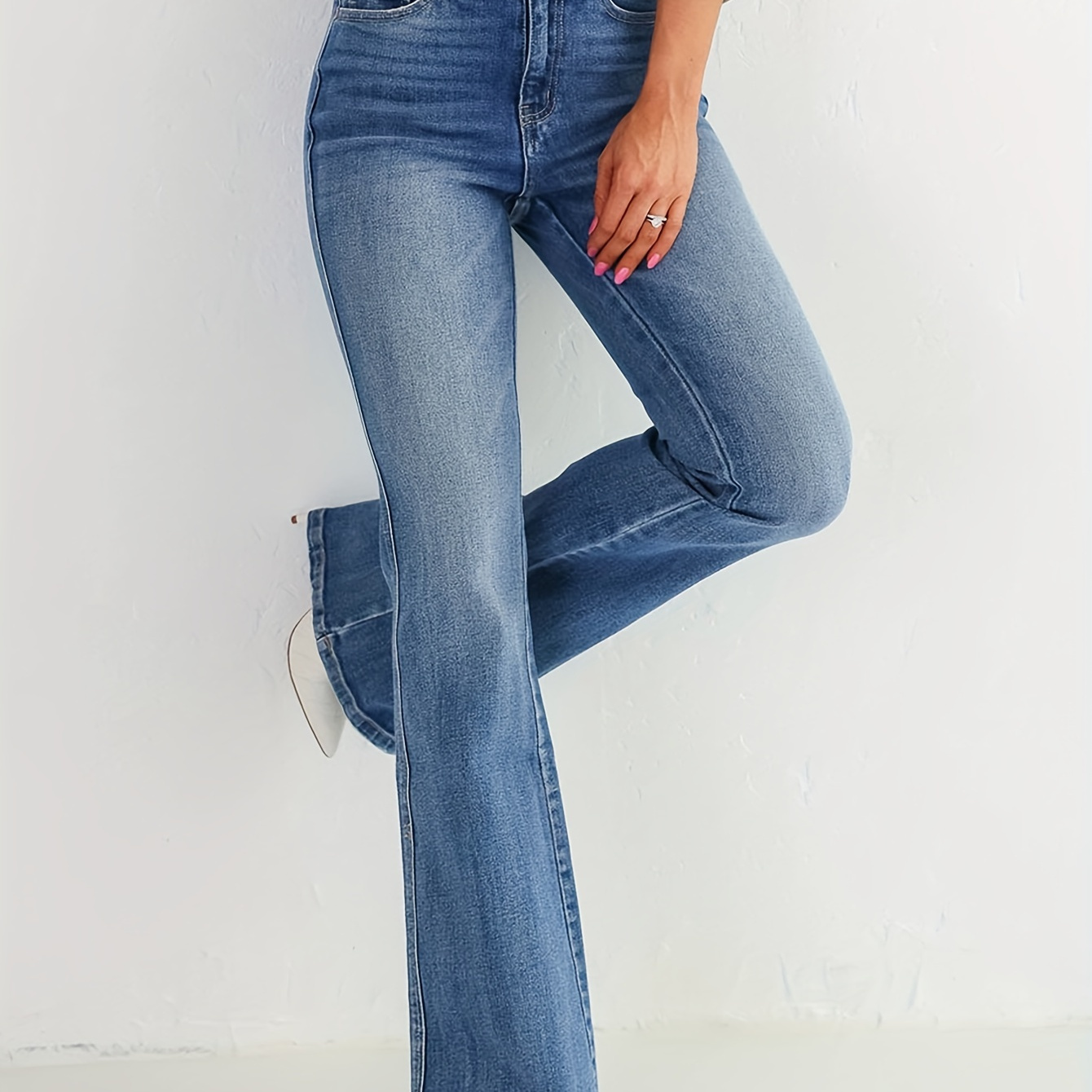 

Mid-waisted Slim Fitted Bell Bottom Jeans, Vintage Slant Pocket Stretchy Denim Pants, Women's Denim Jeans & Clothing