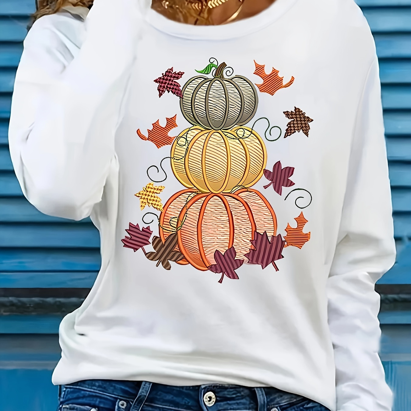 

Casual Crew Neck Long Sleeve T-shirt With Creative Pumpkin Pattern Print - Knit Polyester Blend Top For Spring/summer/fall