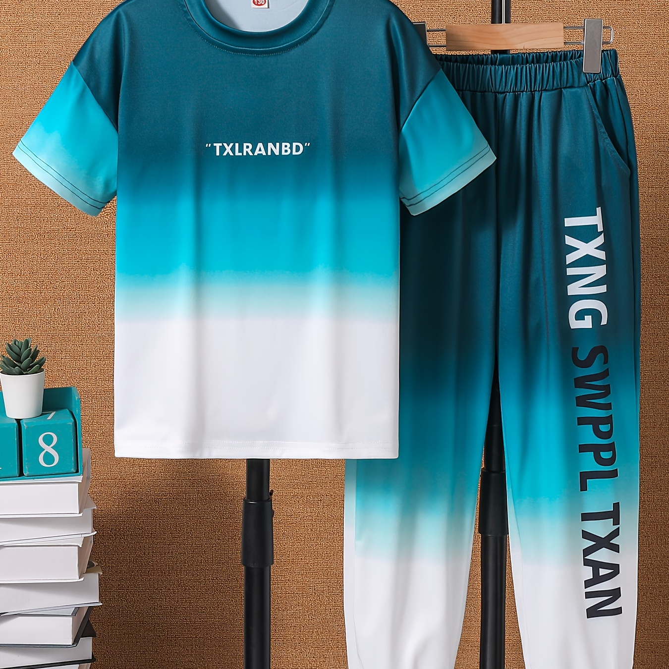 

2pcs, Gradient Color Letters Print Short Sleeve Crew Neck T-shirt + Jogger Pants Set For Boys, Breathable Set Casual Summer Gift