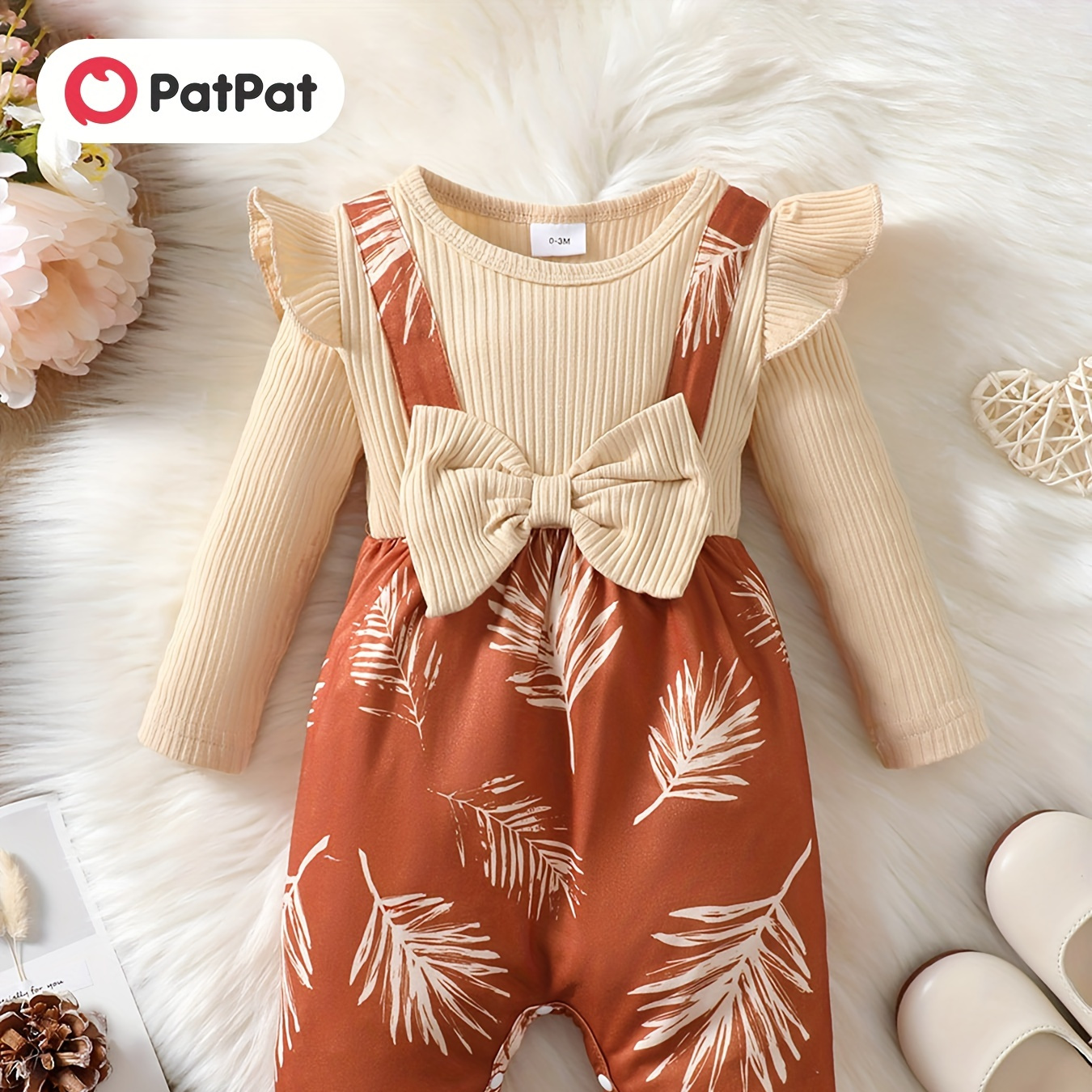 

Patpat Baby Girl Bow Front Plant Print Rib Knit Stitching Jumpsuit
