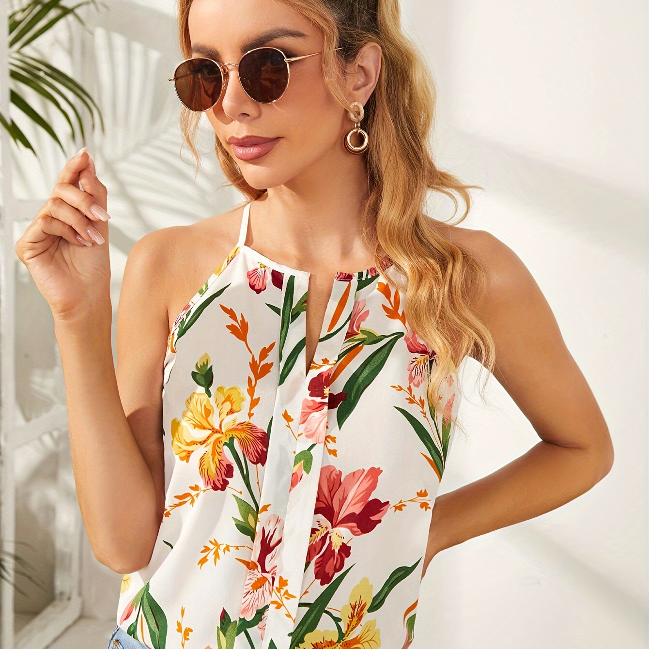 

Floral Print Notched Neck Cami Top, Elegant Sleeveless Top For Spring & Summer, Women's Clothing