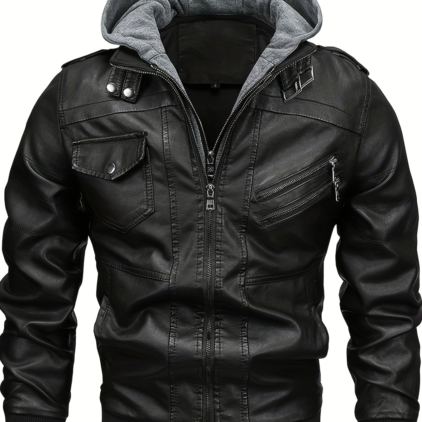 

Men's Hooded Biker Jacket - Windproof 2-in-1 Outdoor Motorcycle Style With Gray Hood, Multiple Pockets & Zipper Closure, Black Pu Material, Streetwear For Hiking &