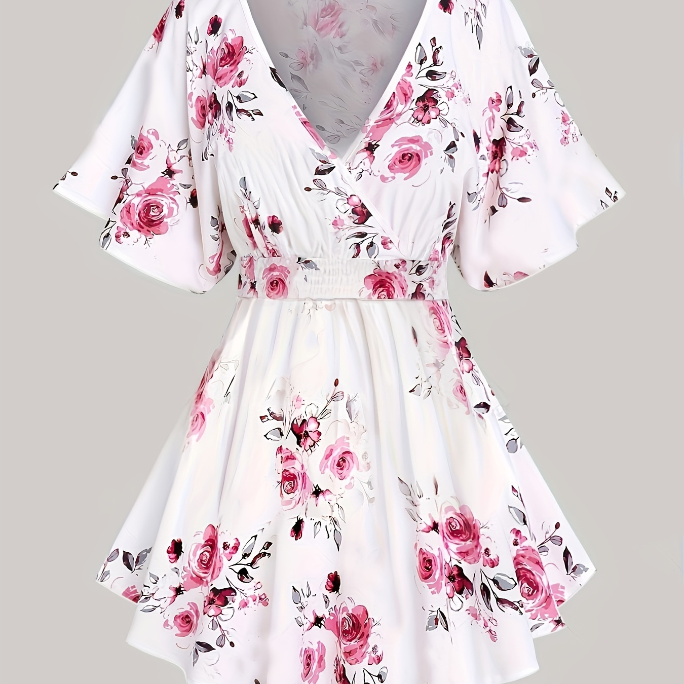 

Floral Print Surplice Neck Dress, Elegant Ruffle Sleeve Shirred Waist Mini Dress For Spring & Summer, Women's Clothing