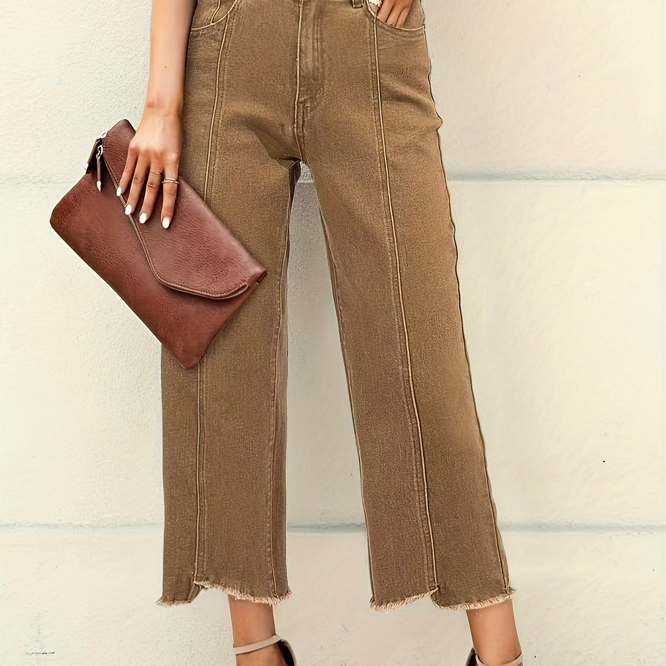 

Women's Casual Frayed Hem Cropped Pants, Fashion Versatile Ankle-length Trousers, Solid Color Brown Zipper Button Closure