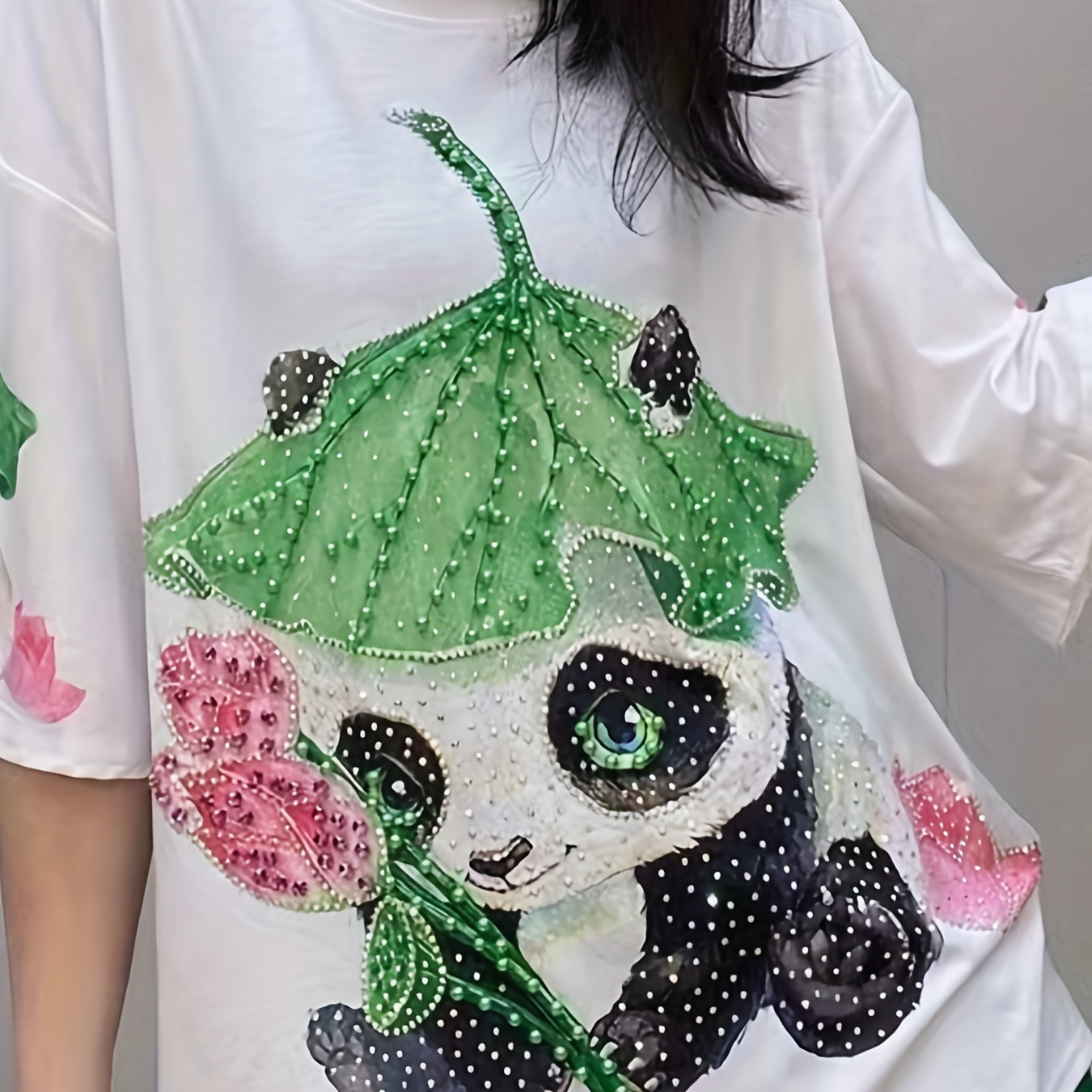 

Panda Print Print T-shirt, Short Sleeve Crew Neck Casual Top For Summer & Spring, Women's Clothing